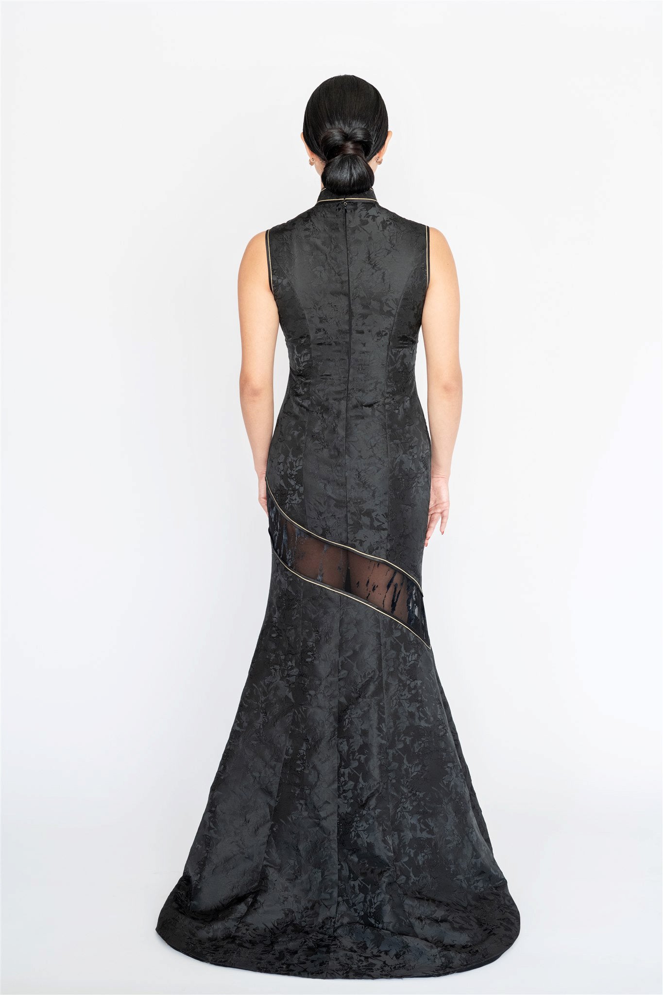 Back view of black silk cheongsam with chapel train and fitted mermaid shape