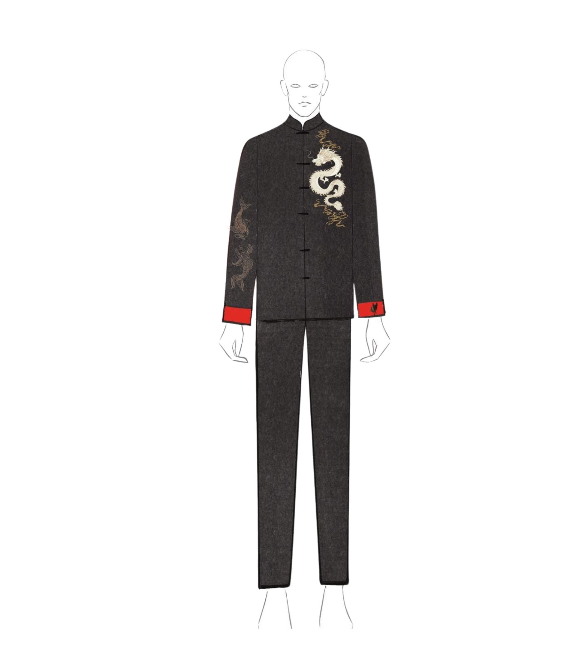 Sketch of black Tang suit with dragon, koi, and dog embroidery for groom’s custom order.