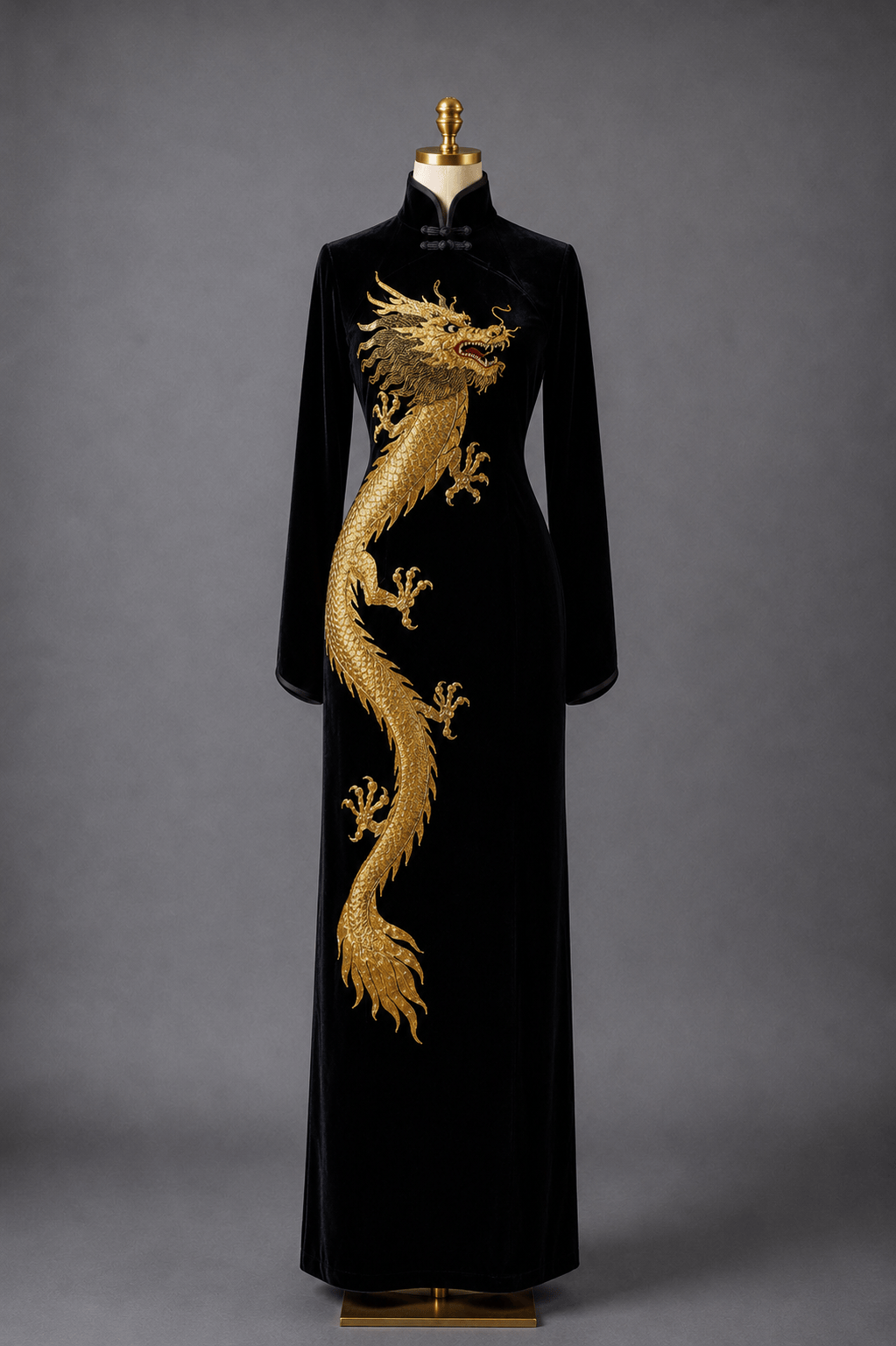 Black velvet Qipao with gold hand-embroidered dragon, front view