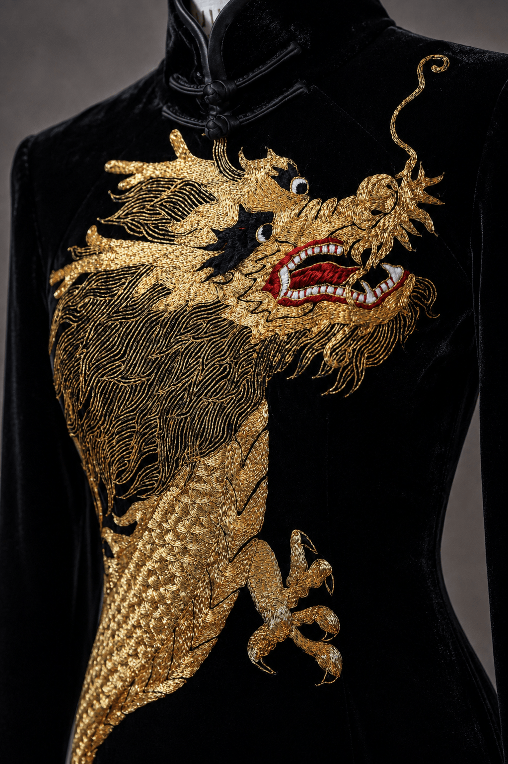 Gold dragon hand embroidery detail on black velvet Qipao