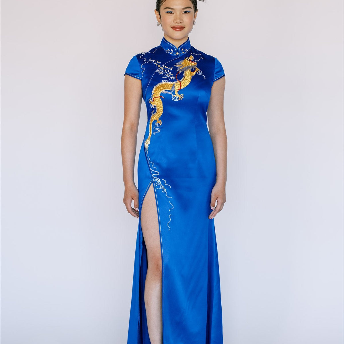 slim fit dress slacks Blue Qipao Dress with Gold Dragon