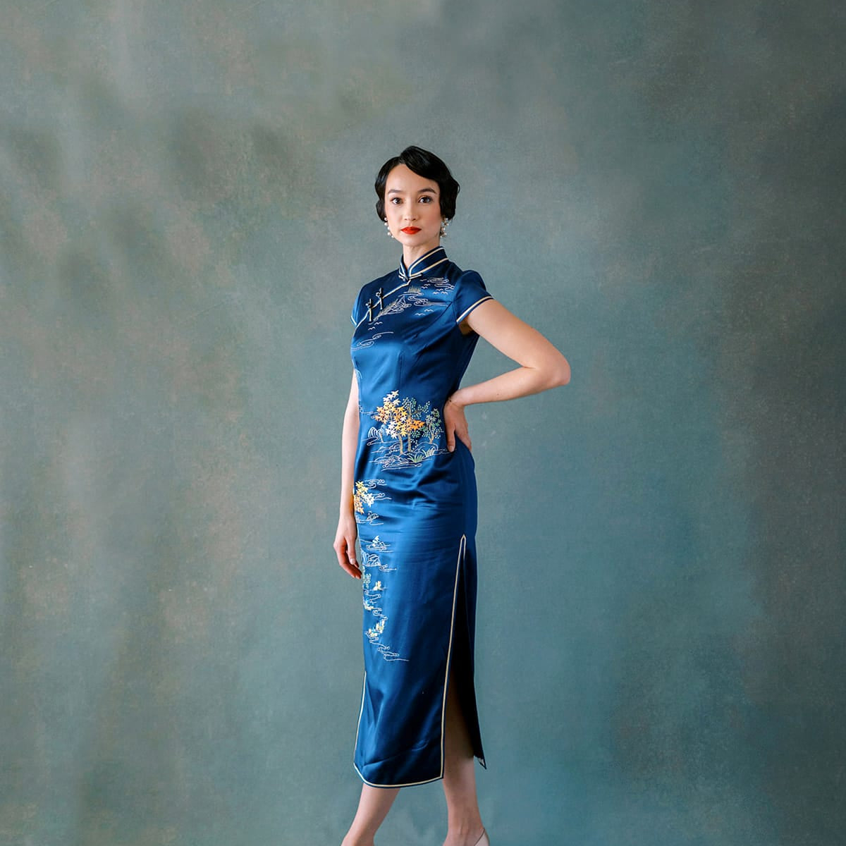 Poet on the Mountain Top – Blue Silk Qipao Dress