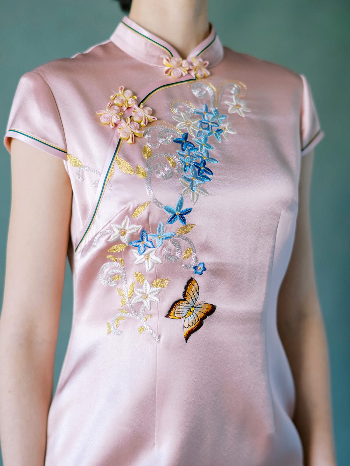 Blush Pink Silk Qipao with Butterfly Embroidery Blush Pink Silk Qipao with Butterfly Embroidery