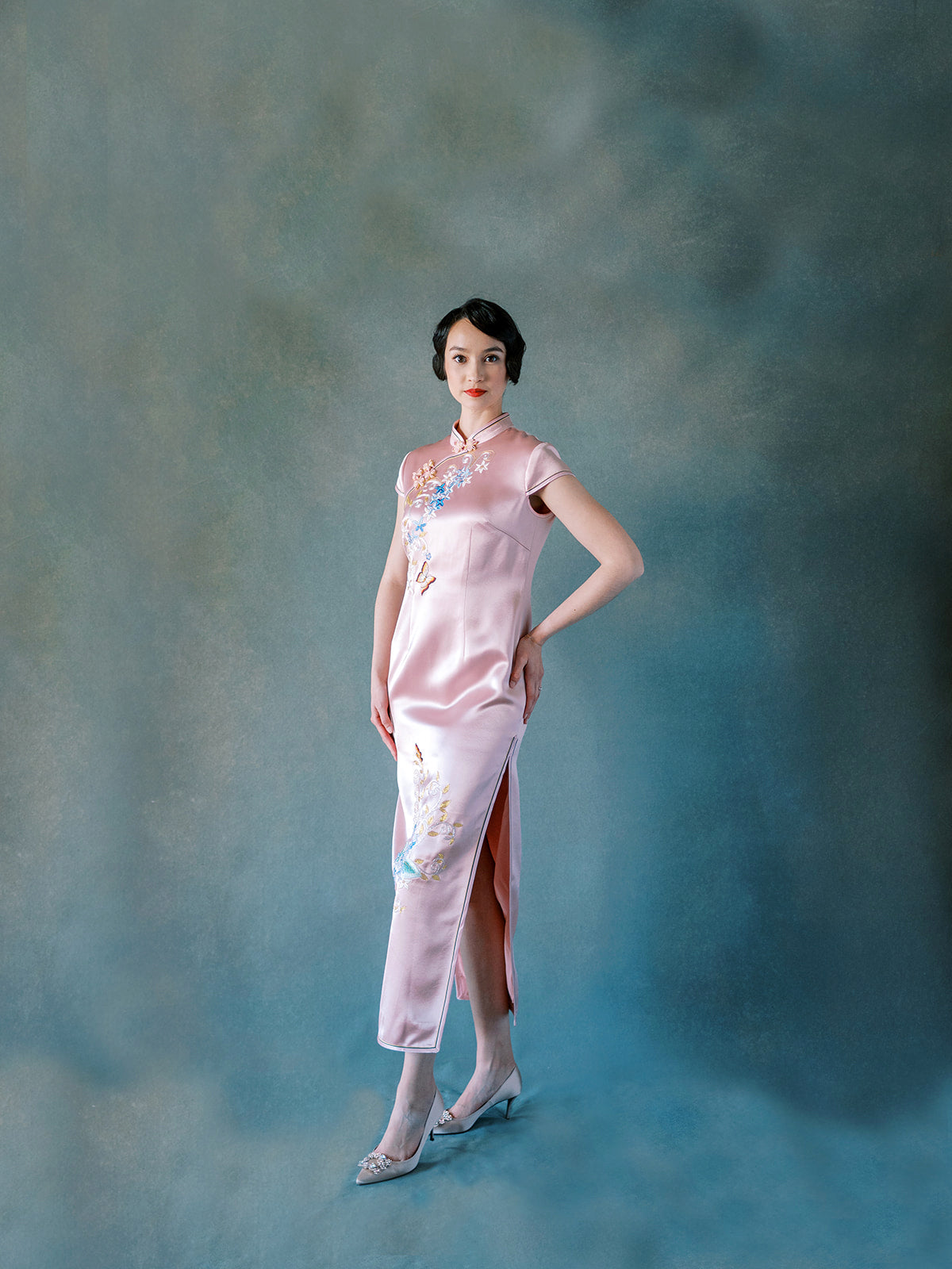Blush pink Qipao with butterfly and floral embroidery, ankle-length Chinese dress