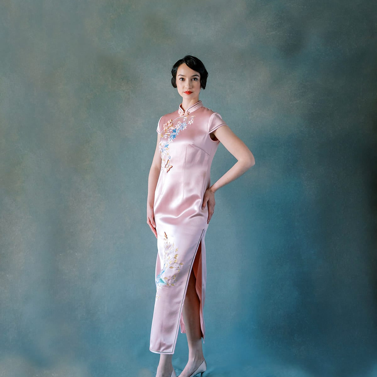 Blush Pink Silk Qipao with Butterfly Embroidery