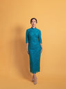 Classic 3/4 Sleeve Qipao – Blue Cotton Lace Cheongsam with Elegant Fit.