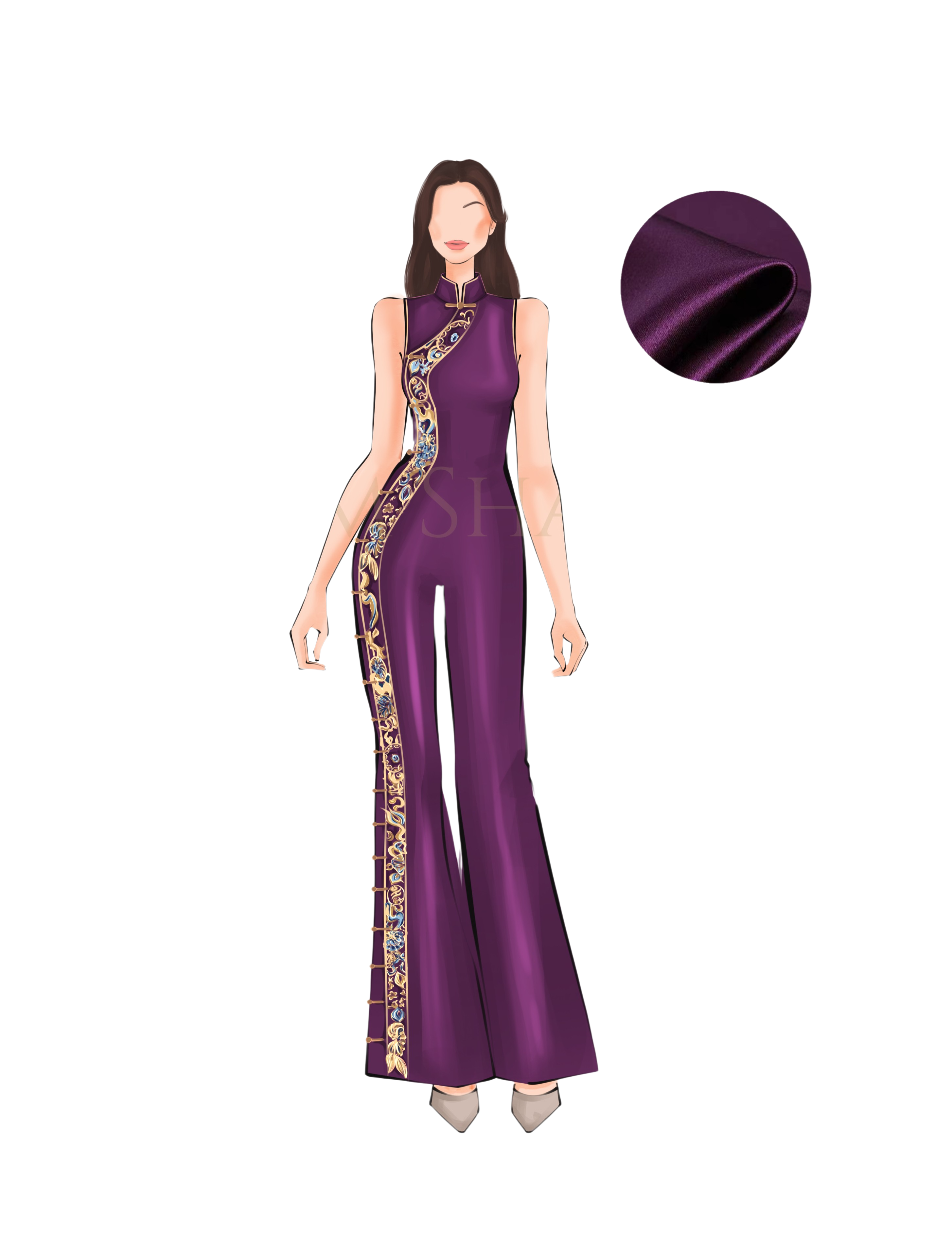 A sketch for a purple silk jumpsuit, featuring hand floral embroidery and frog knot buttons on the side.