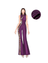 A sketch for a purple silk jumpsuit, featuring hand floral embroidery and frog knot buttons on the side.