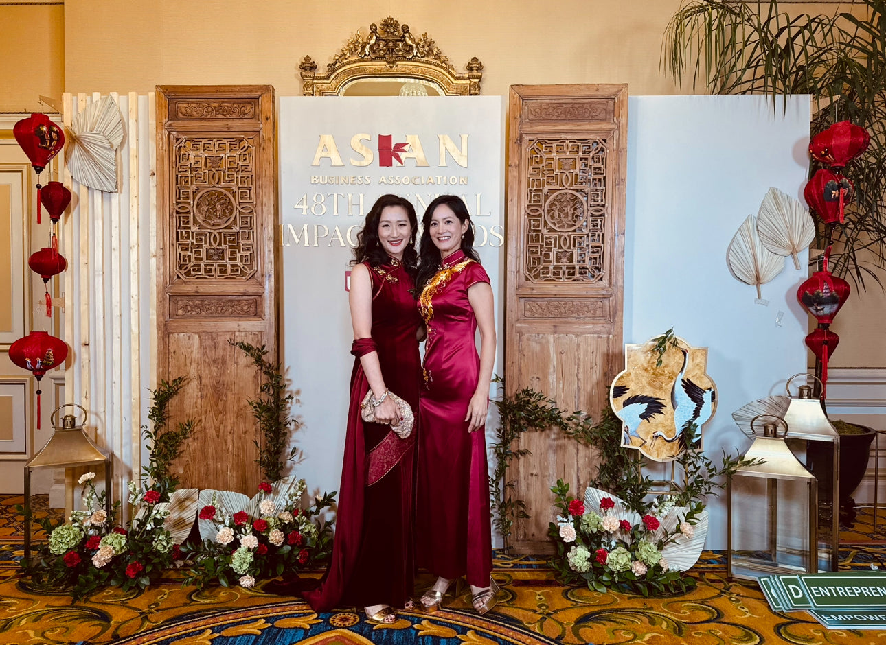 Two real clients wearing our Bespoke Qipao Custom Qipaos at Asian Business Association Los Angeles Gala