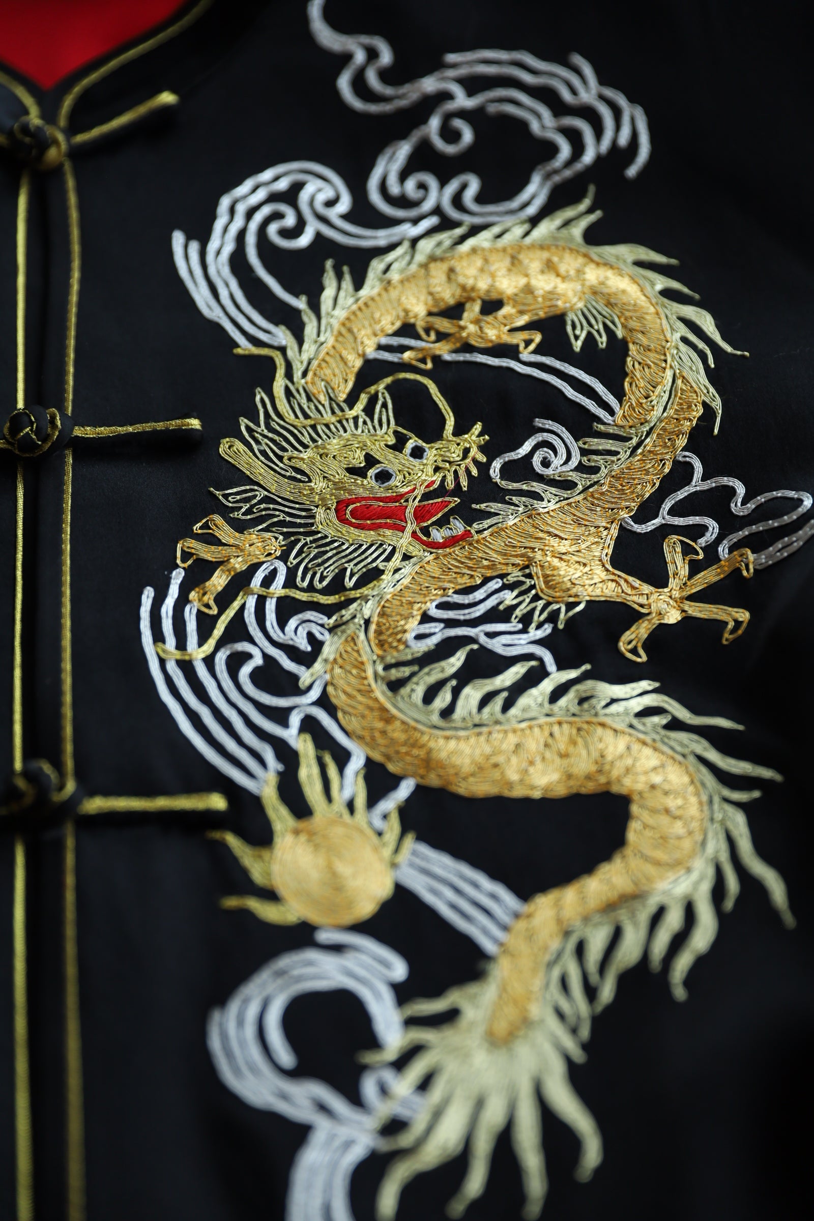 Gold and silver dragon embroidery on black Tang Suit jacket