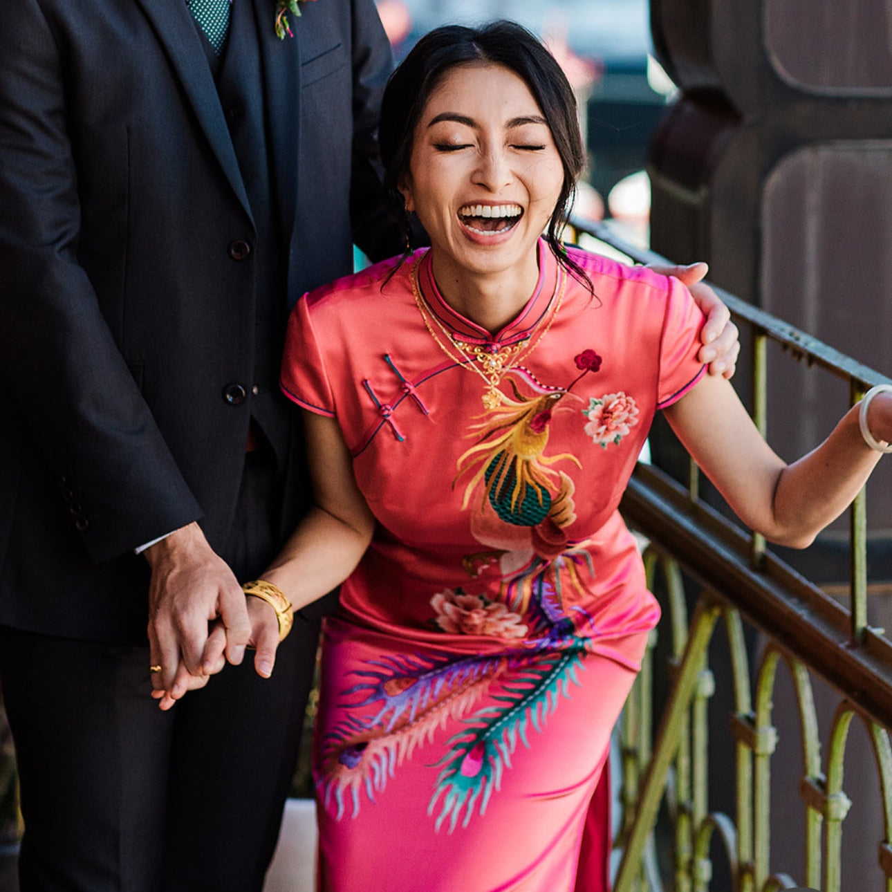 front image of a completed bridal qipao on a client