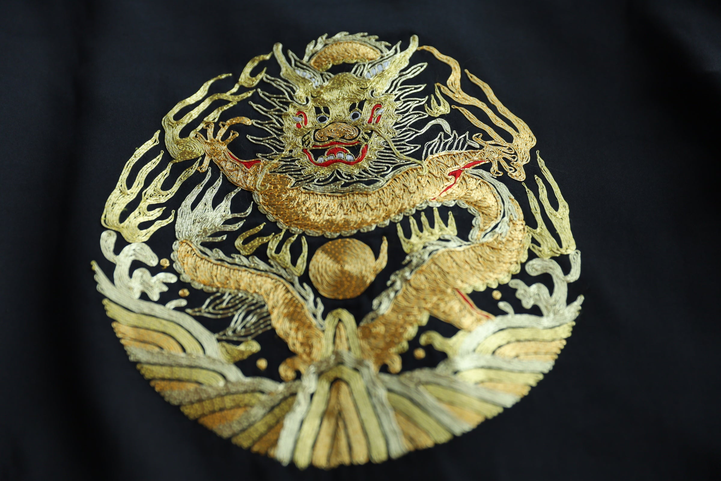 Gold dragon embroidery on black Tang Suit