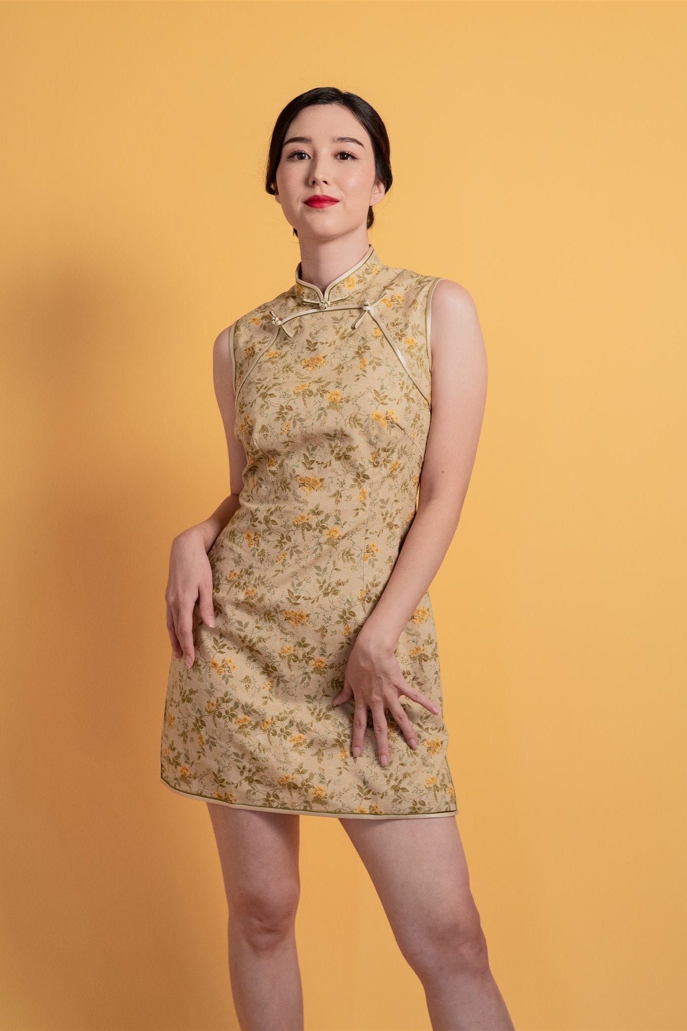 Detail of soft gold Japanese cotton fabric and piping on Cheongsam.