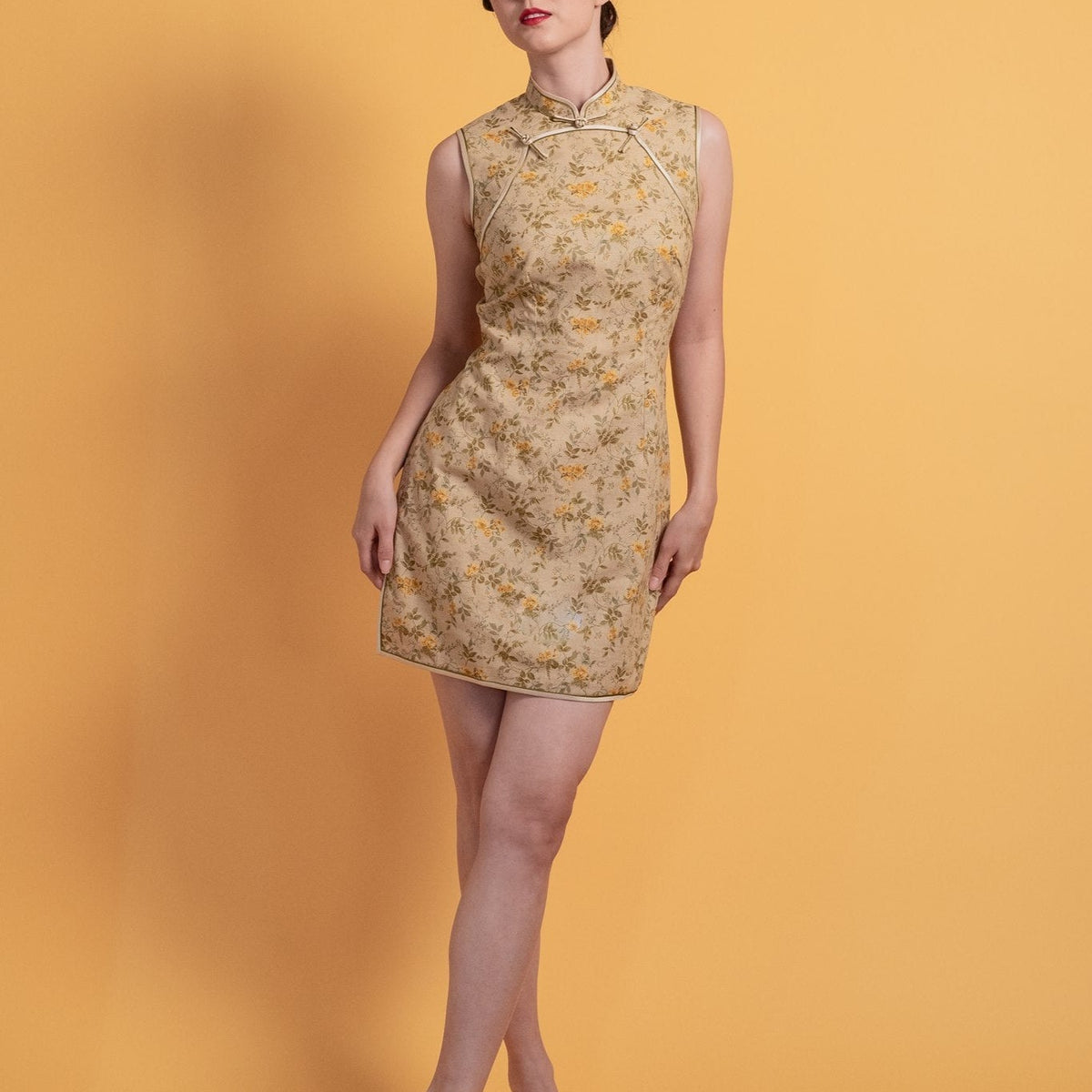 Gold Japanese Cotton Cheongsam – Short Sleeve A-Line Dress