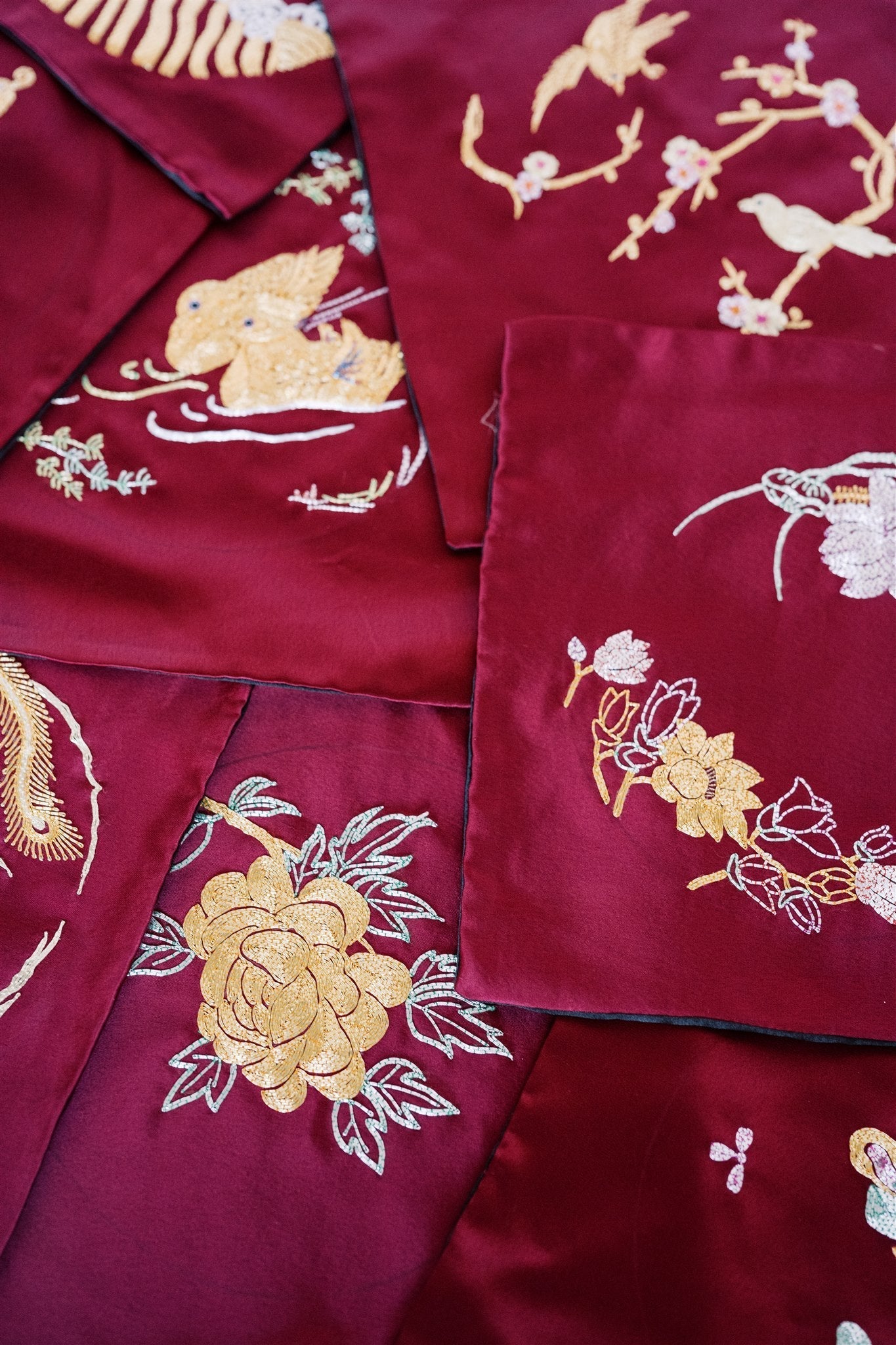 Gold peony embroidery on wine red pocket square