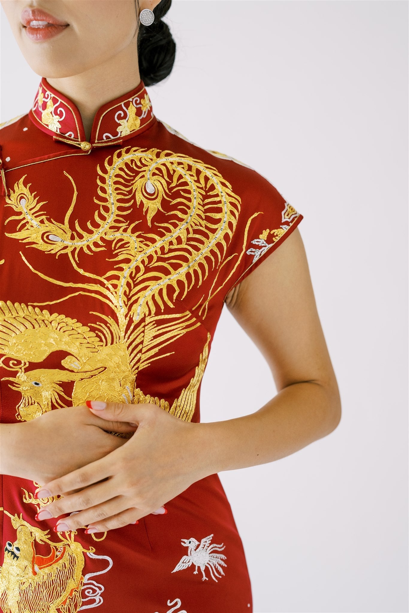 Gold Panjin embroidered phoenix on wine red silk Qipao