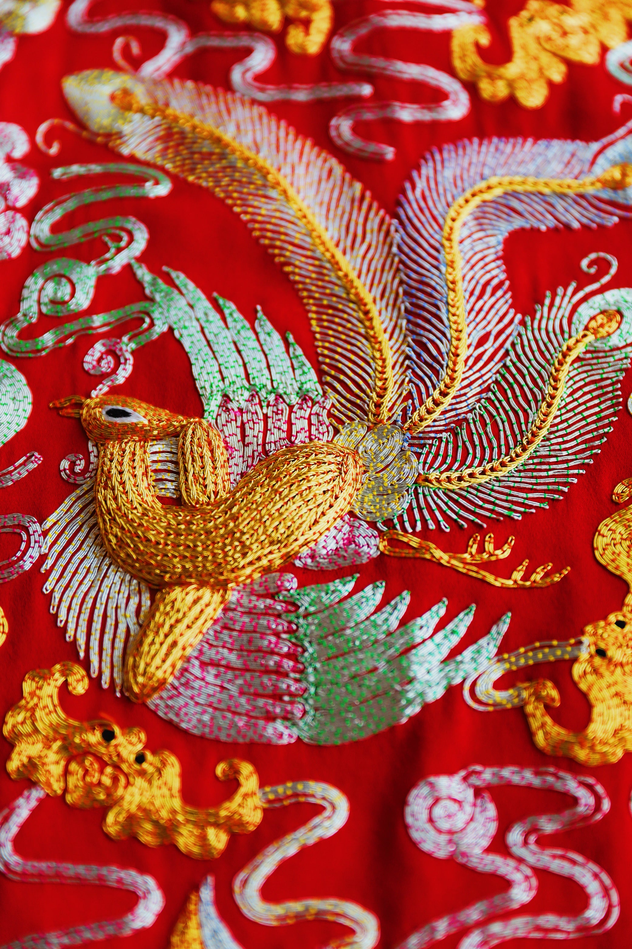 gold hand embroidered phoenix on a red Chinese Tea Ceremony Dress