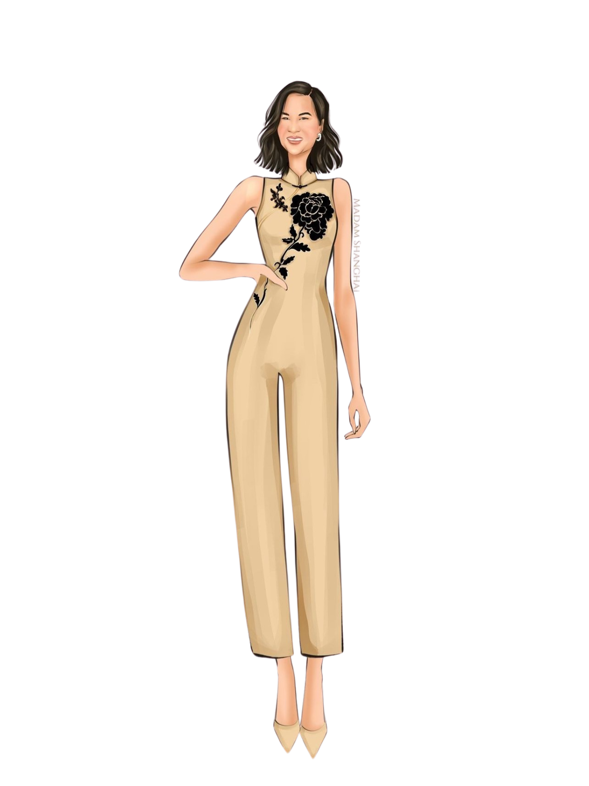 Sketch of gold silk Qipao jumpsuit with black rose embroidery and black trim.