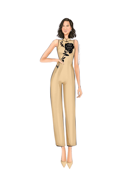 Sketch of gold silk Qipao jumpsuit with black rose embroidery and black trim.