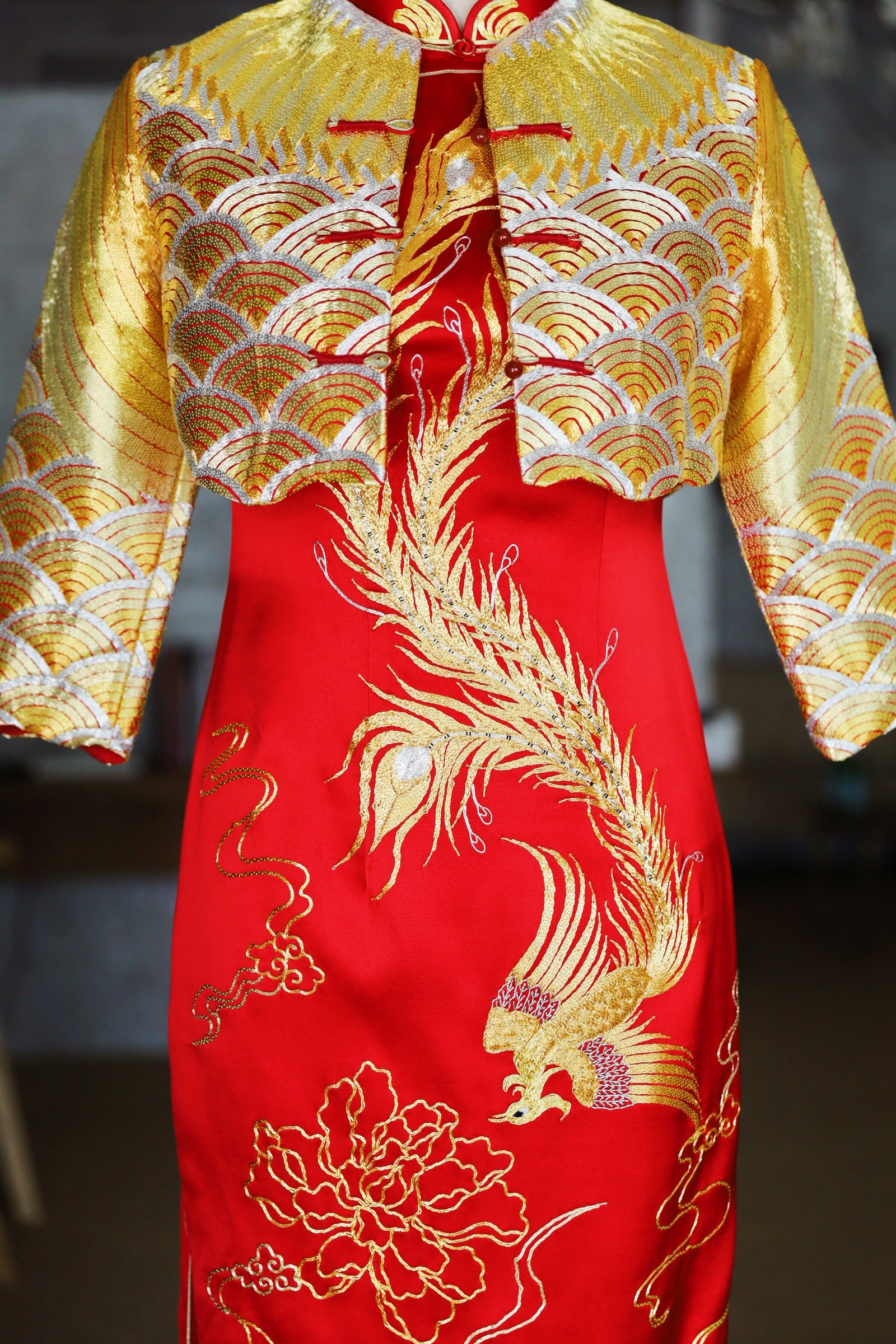 Red wedding Qipao with phoenix embroidery and gold embroidered jacket