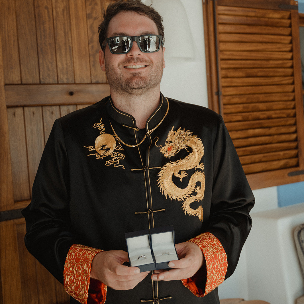 Custom Tang suit with dragon and cloud embroidery for groom