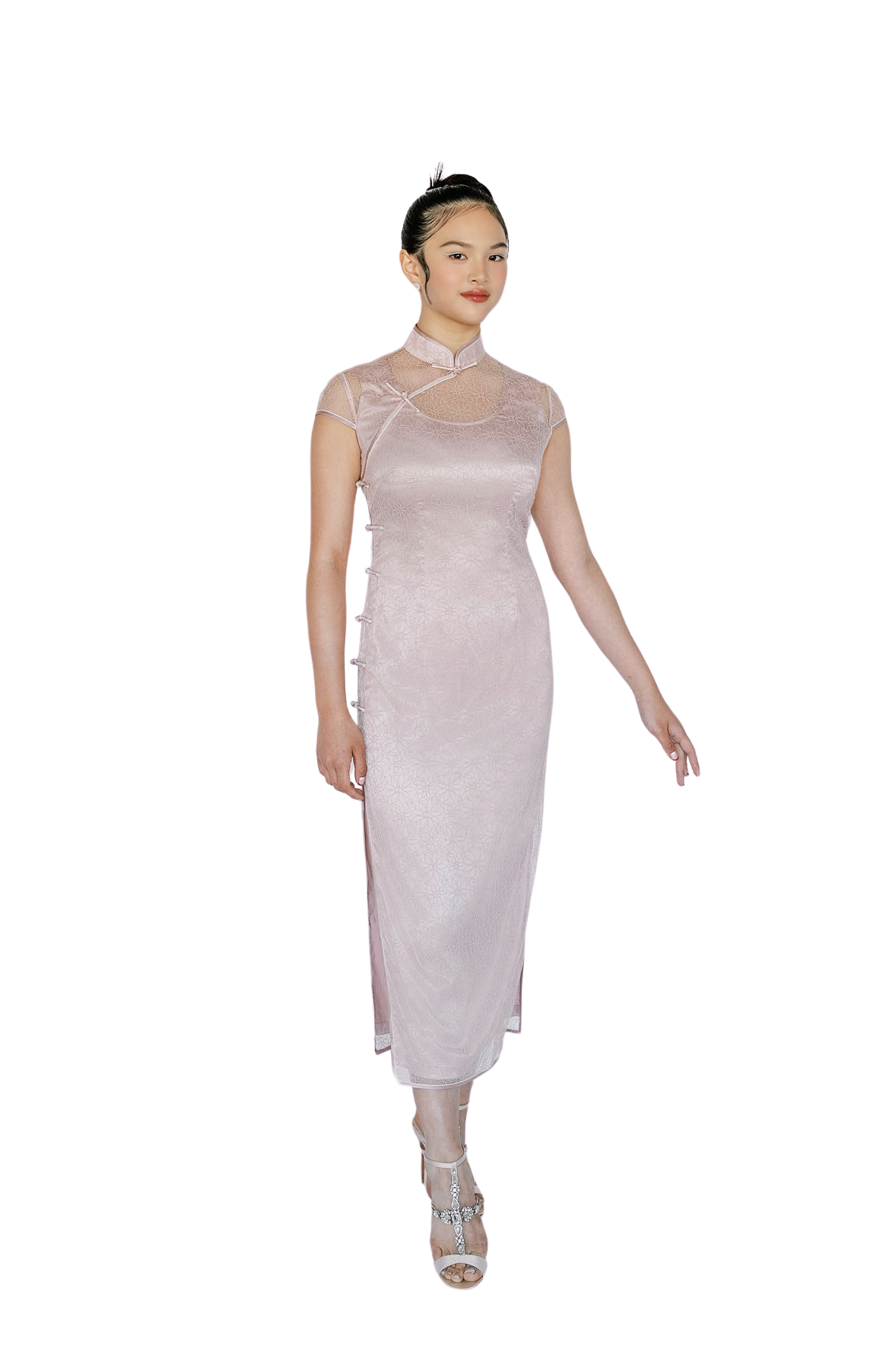 Jinza Oriental Couture New Collection 2024 New Collection | Blush Pink Chantilly Lace Graduation Qipao