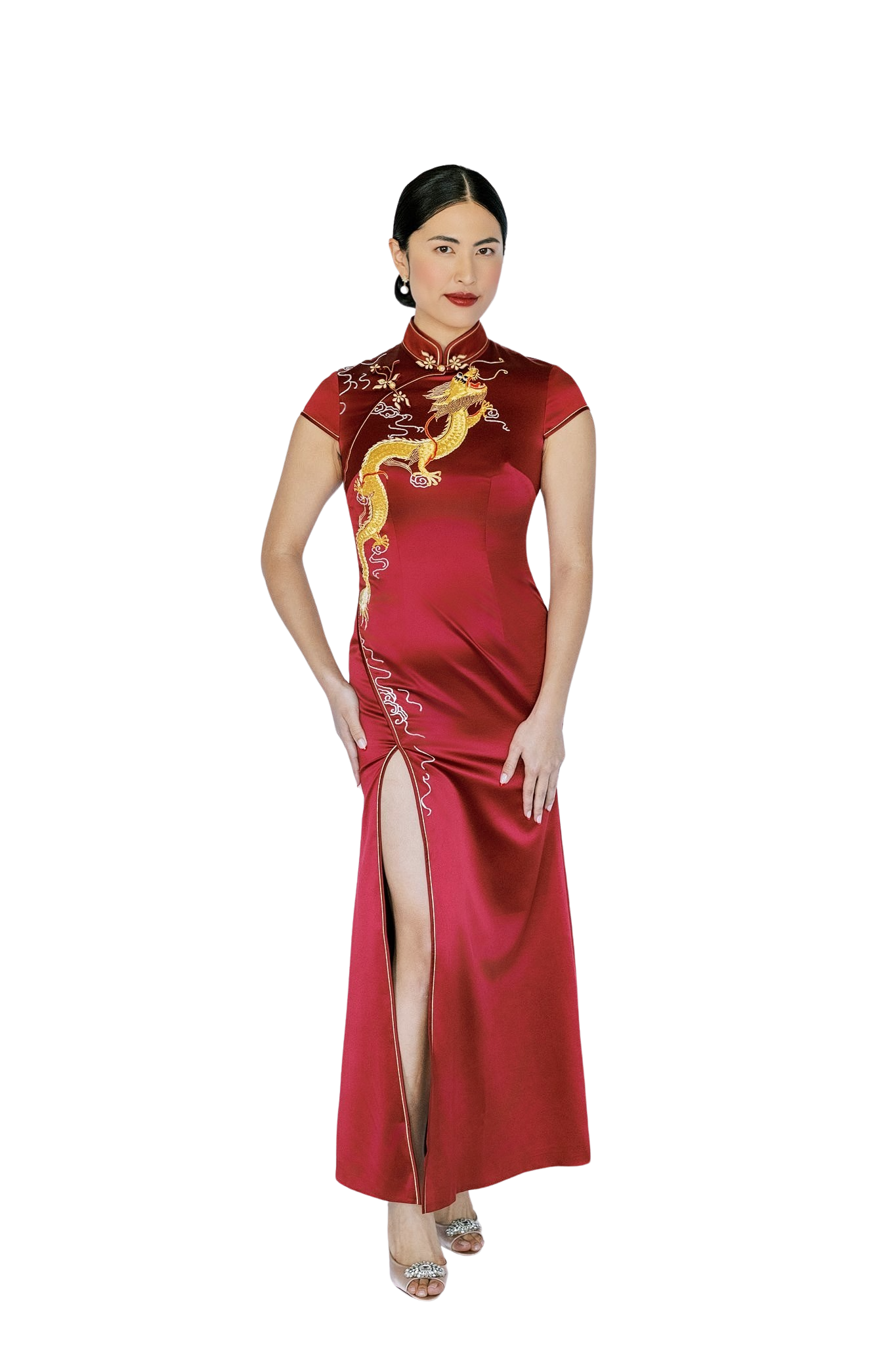Jinza Oriental Couture 2024 New Collection | Wine Red Silk Mermaid Wedding Qipao with Panjin Gold Dragon Embroidery