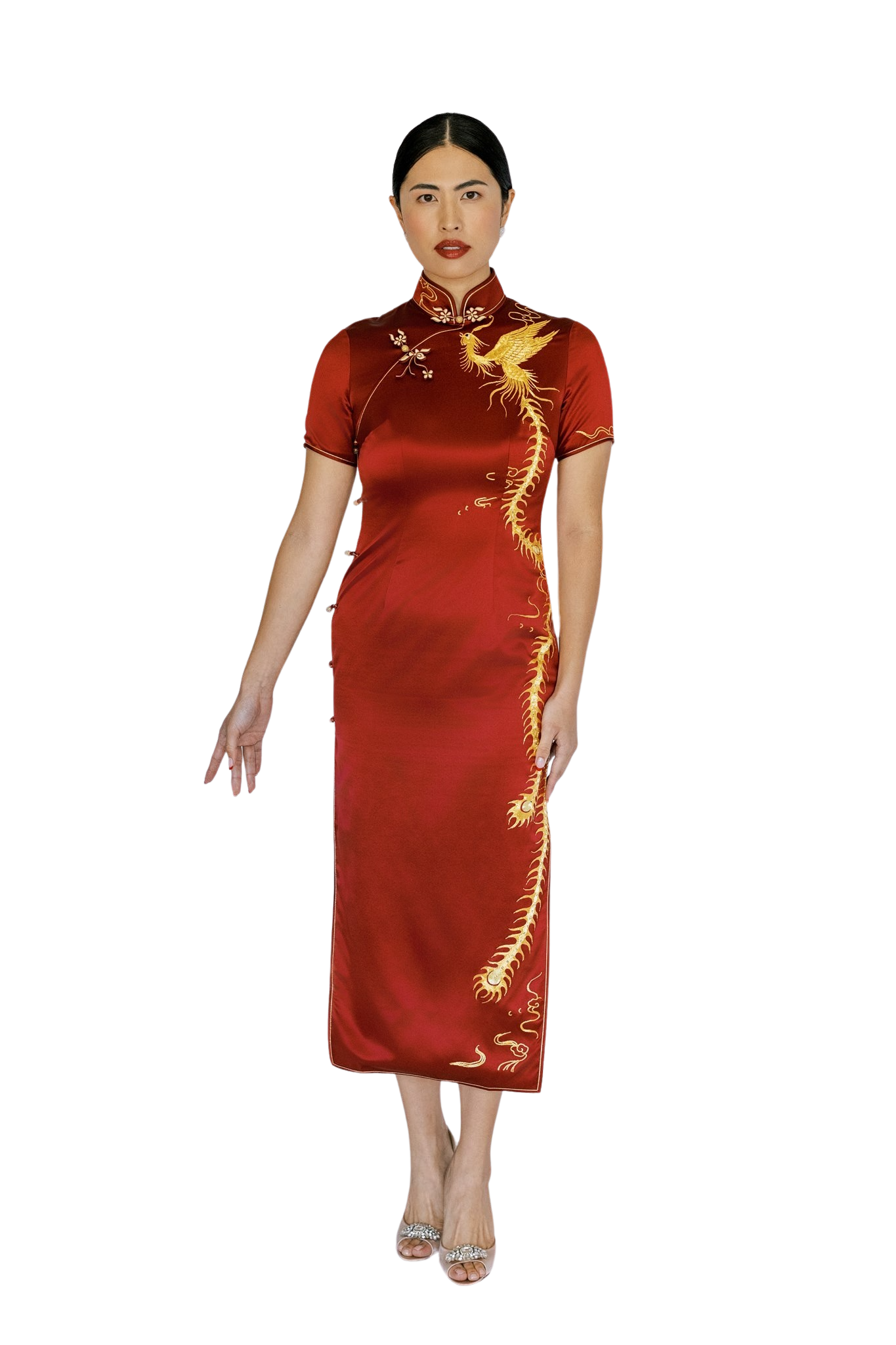 Jinza Oriental Couture 2024 New Collection | Wine Red Silk Qipao with Phoenix Panjin Embroidery