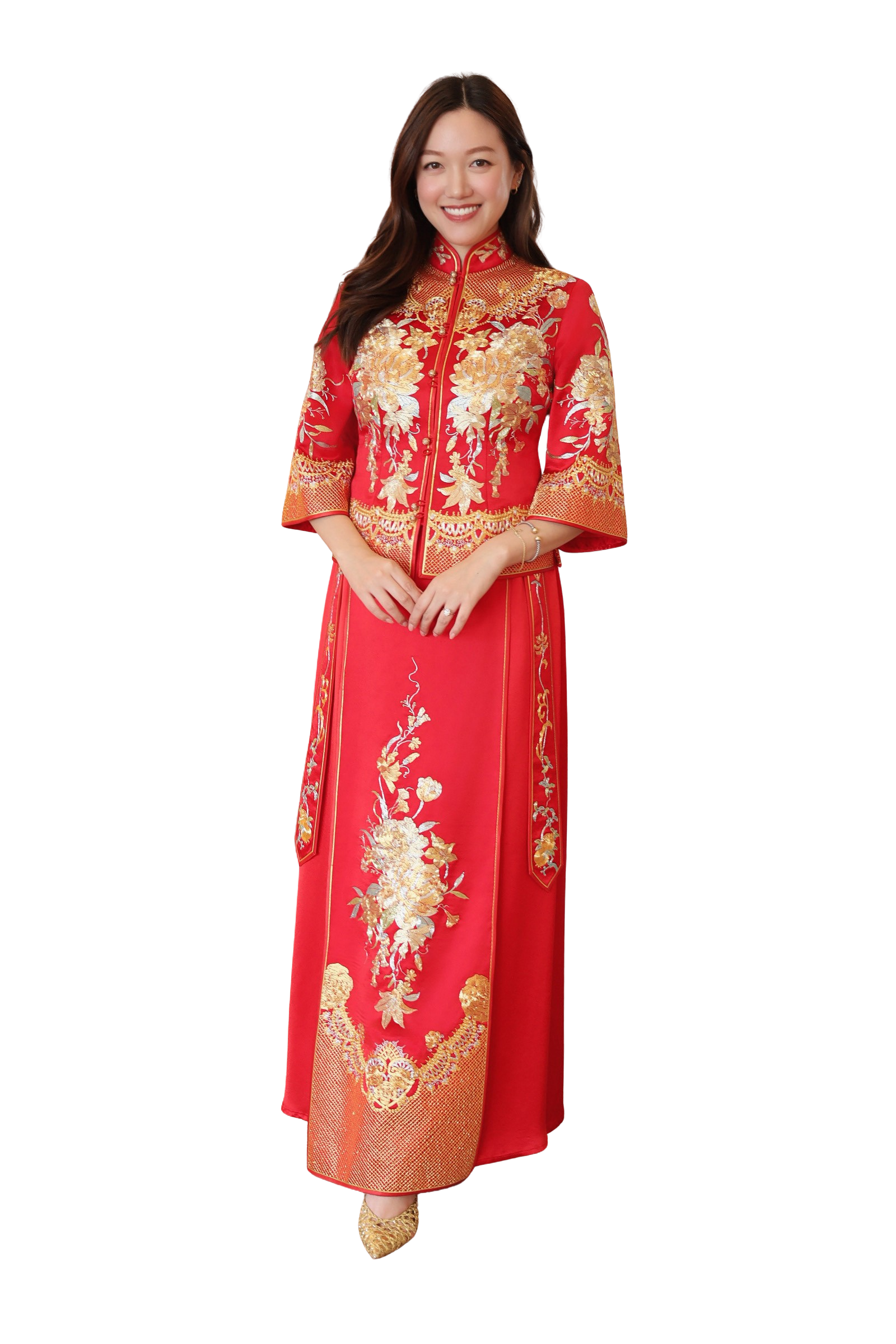 Jinza Oriental Couture Chinese Tea Ceremony Dress 3D Hand Embroidered Peony Xiu He Fu – Customizable Red Panels for Chinese Tea Ceremony