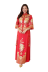 Jinza Oriental Couture Chinese Tea Ceremony Dress 3D Hand Embroidered Peony Xiu He Fu – Customizable Red Panels for Chinese Tea Ceremony