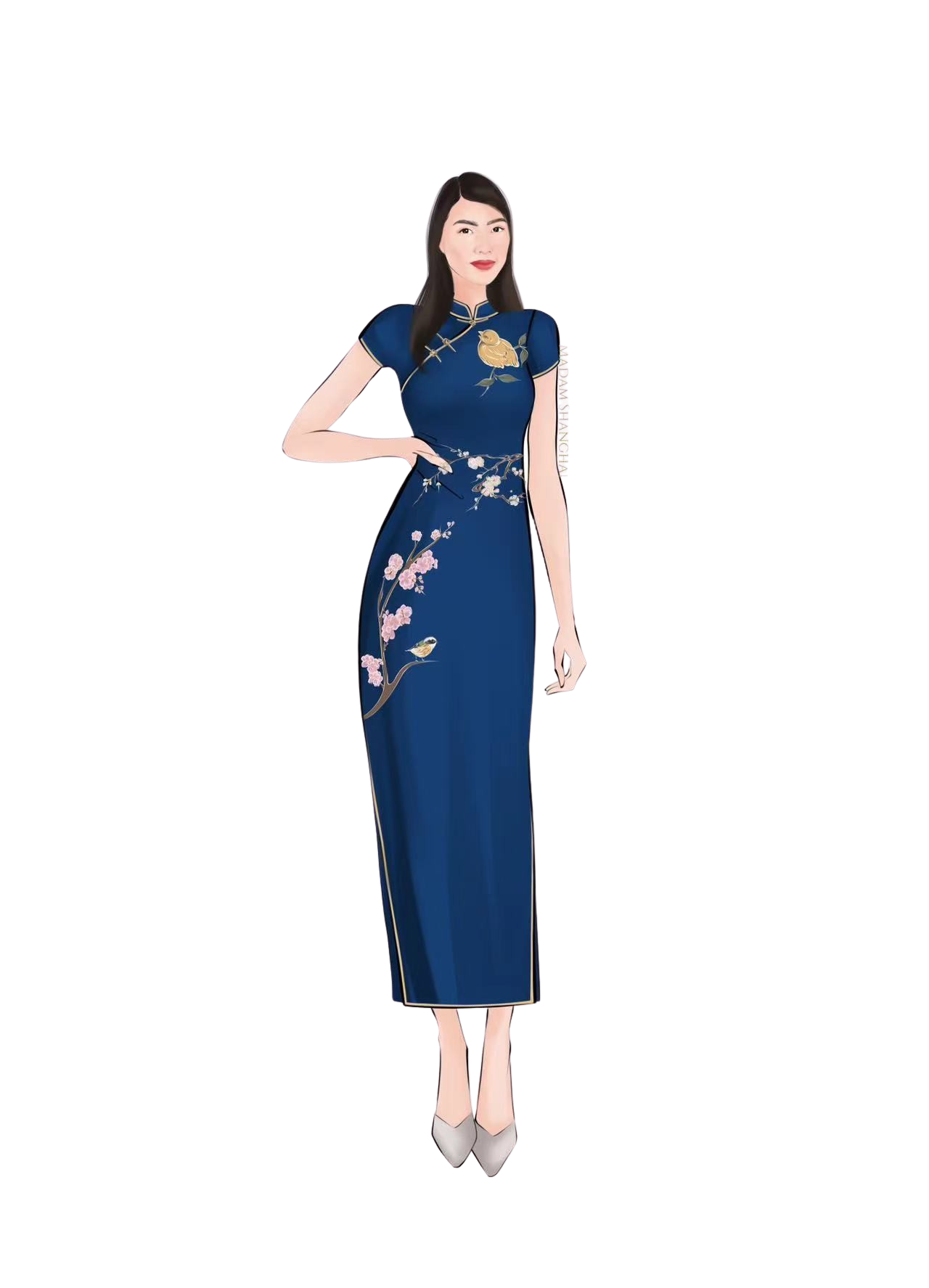Jinza Oriental Couture Custom Qipao Bespoke Cheongsam | Blue Cheongsam with Cap Sleeves and Cherry Blossom