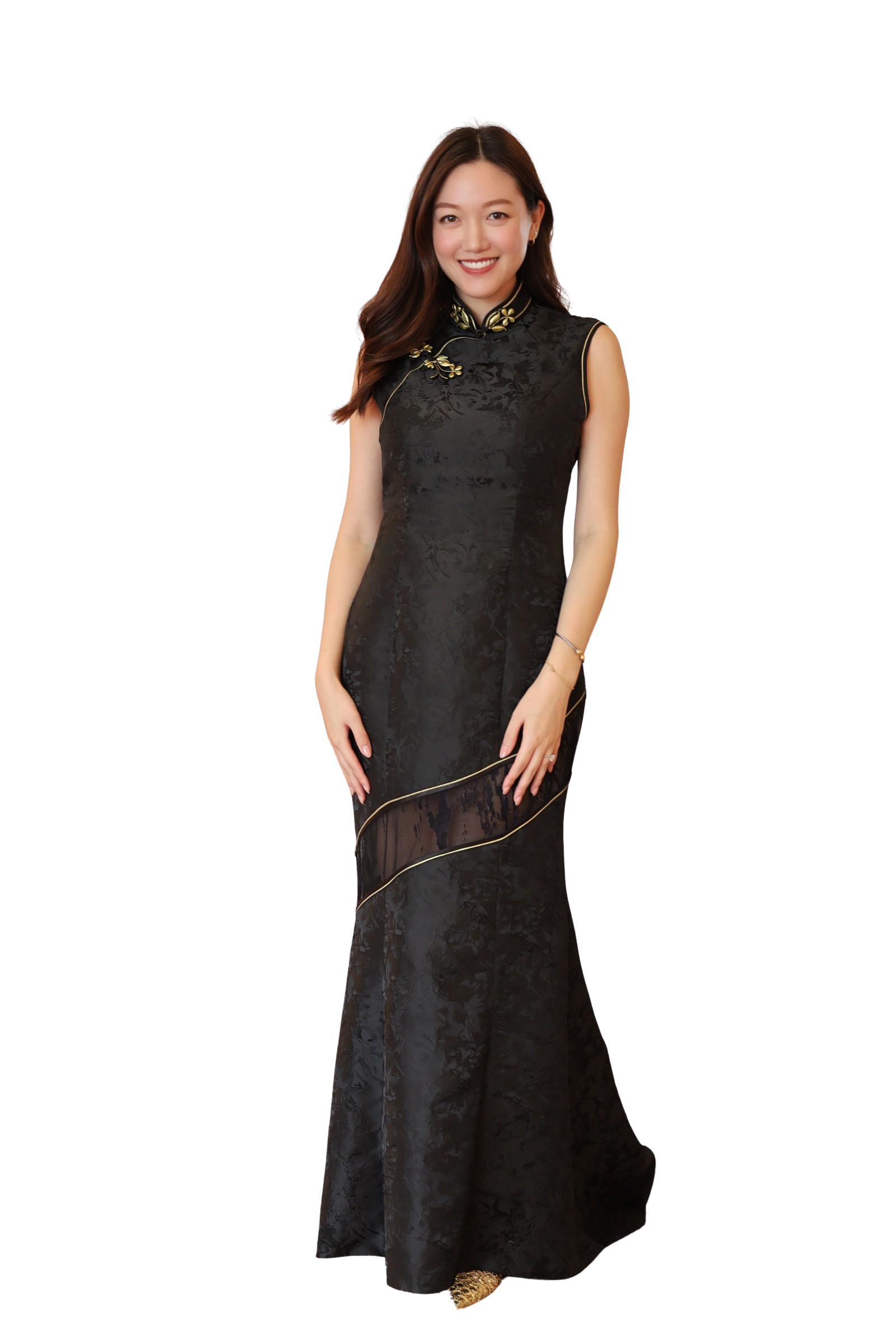 Jinza Oriental Couture Modern Cheongsam Black Mermaid Cheongsam with Lace Cut-Out and Mandarin Collar – Asian Fusion Evening Gown