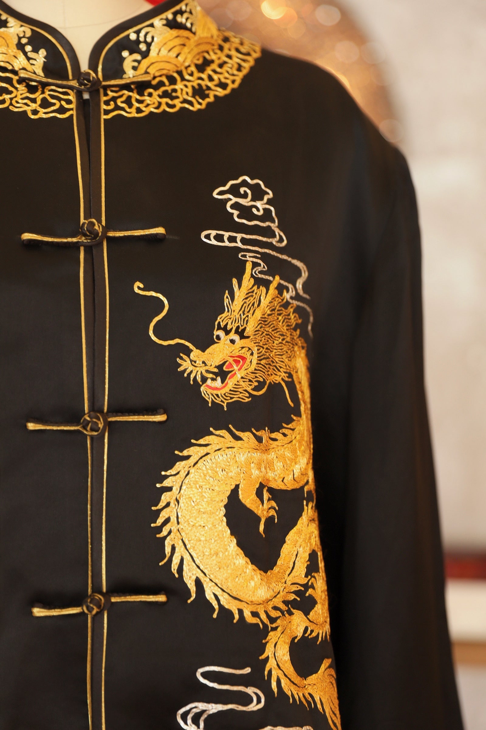 Jinza Oriental Couture Tang Suit Black Premium Silk Tang Suit with Hand-Embroidered Gold Dragon & Cloud | Red Sea Wave Pattern Silk