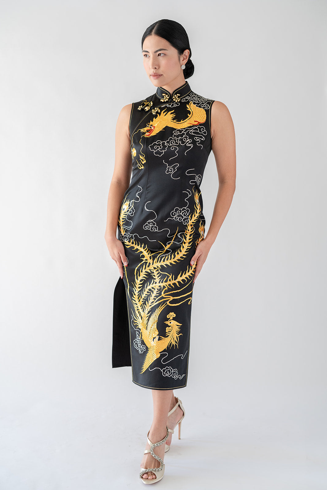 Jinza Oriental Couture New Collection Black Qipao | Dawn - Panjin Embroidered Dragon, Phoenix, and Cloud