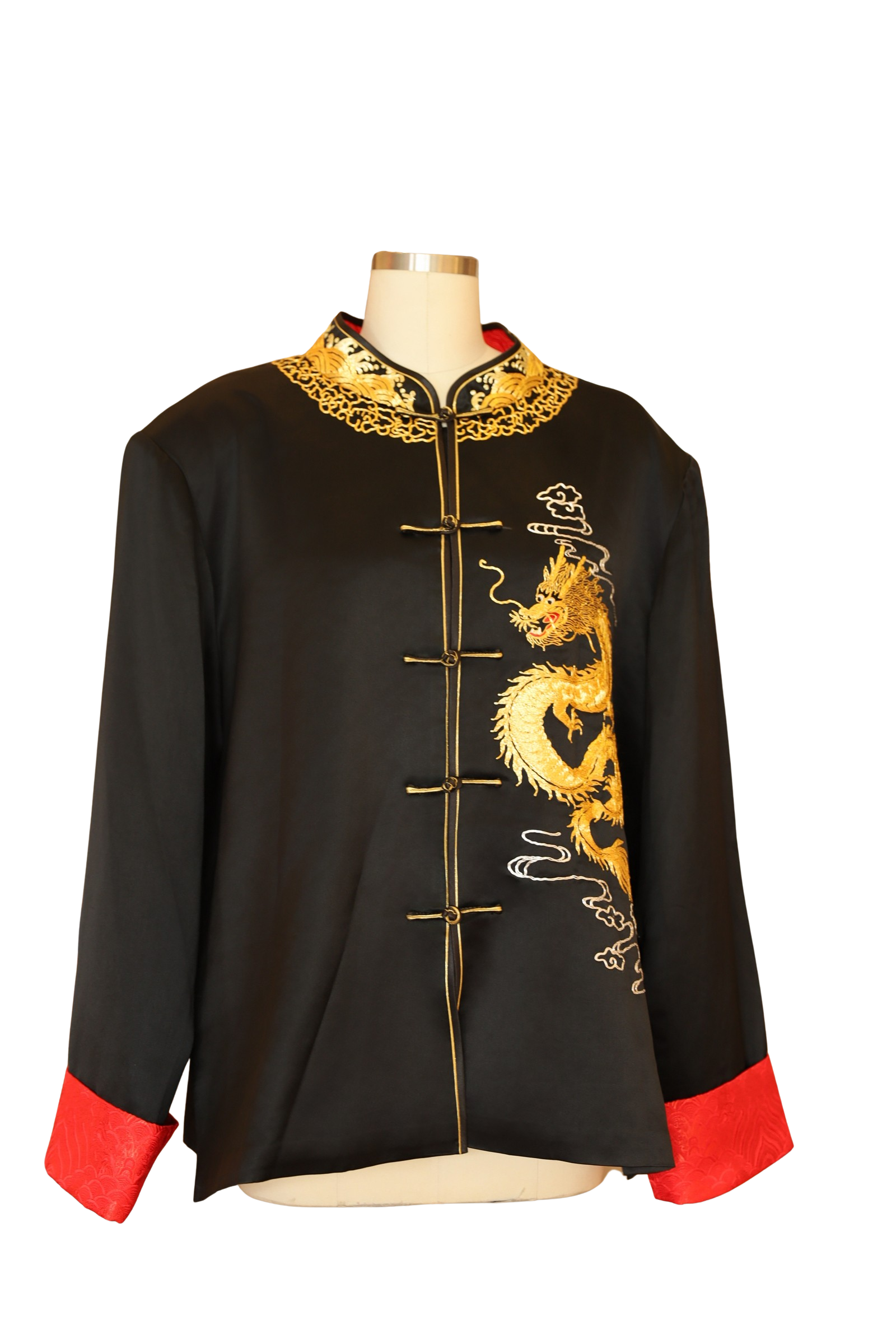 Jinza Oriental Couture Tang Suit Black Silk Tang Suit for Groom with Red Lining and Gold Embroidered Dragon – Gold Piping and Lucky Cloud