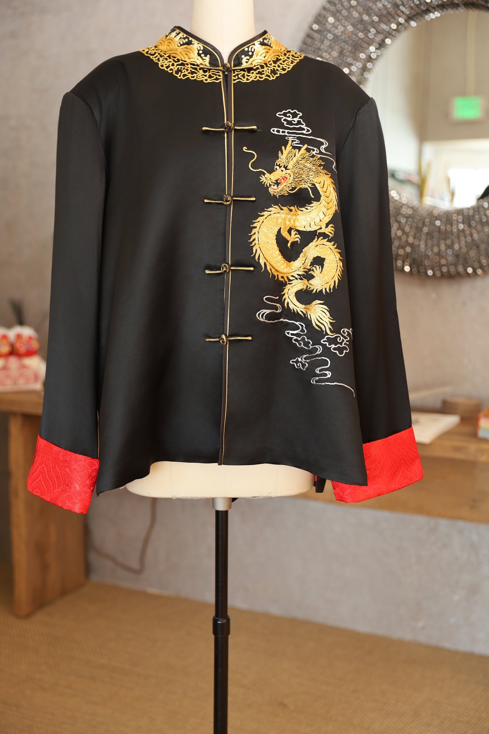 Jinza Oriental Couture Tang Suit Black Silk Tang Suit with Dragon & Cloud | Formal Event Tang Suit