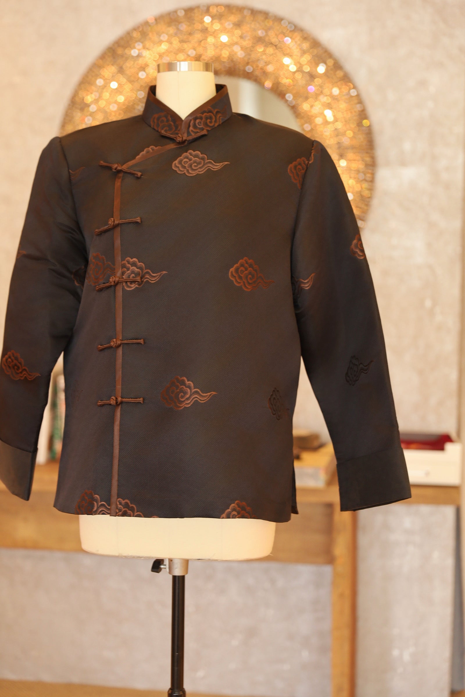 Jinza Oriental Couture Tang Suit Brown Lucky Cloud Tang Suit for Men | Black Woven Fabric with Silk Lining