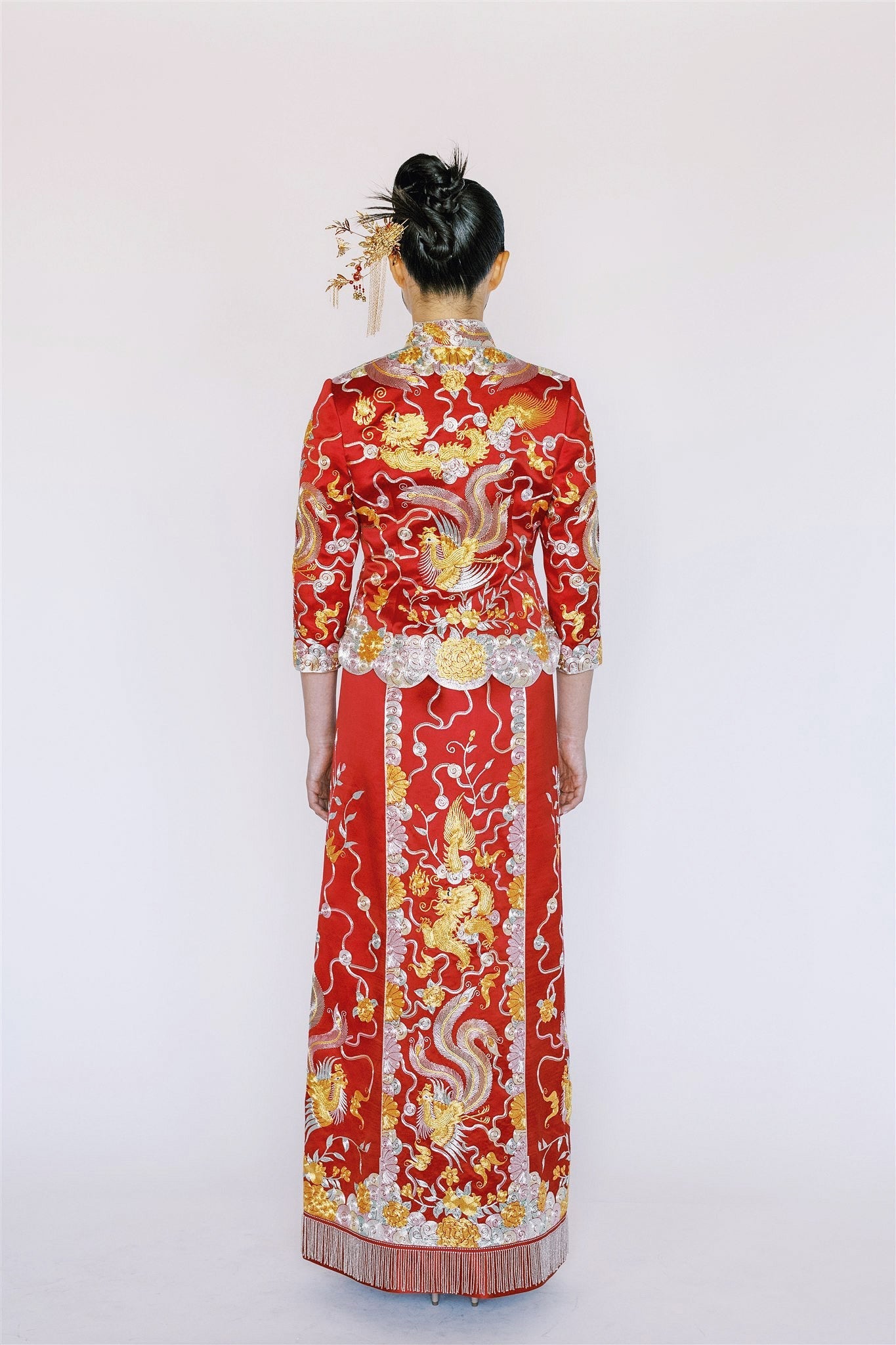 Jinza Oriental Couture Chinese Tea Ceremony Dress Chinese Tea Ceremony Dress | Qun Kwa with Hand-Embroidered Gold and Silver Phoenix