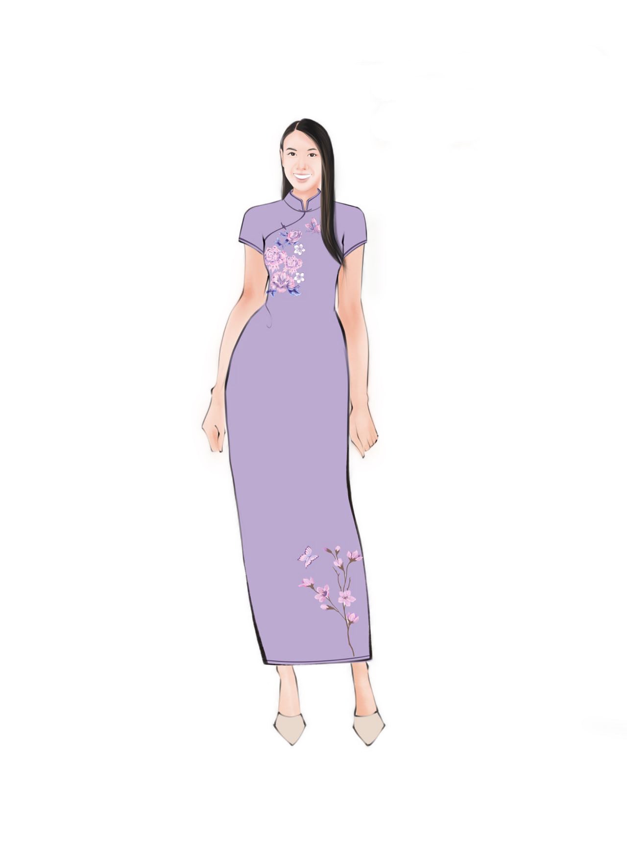 Bespoke Cheongsam | Lavender Purple Silk with Floral Embroideries