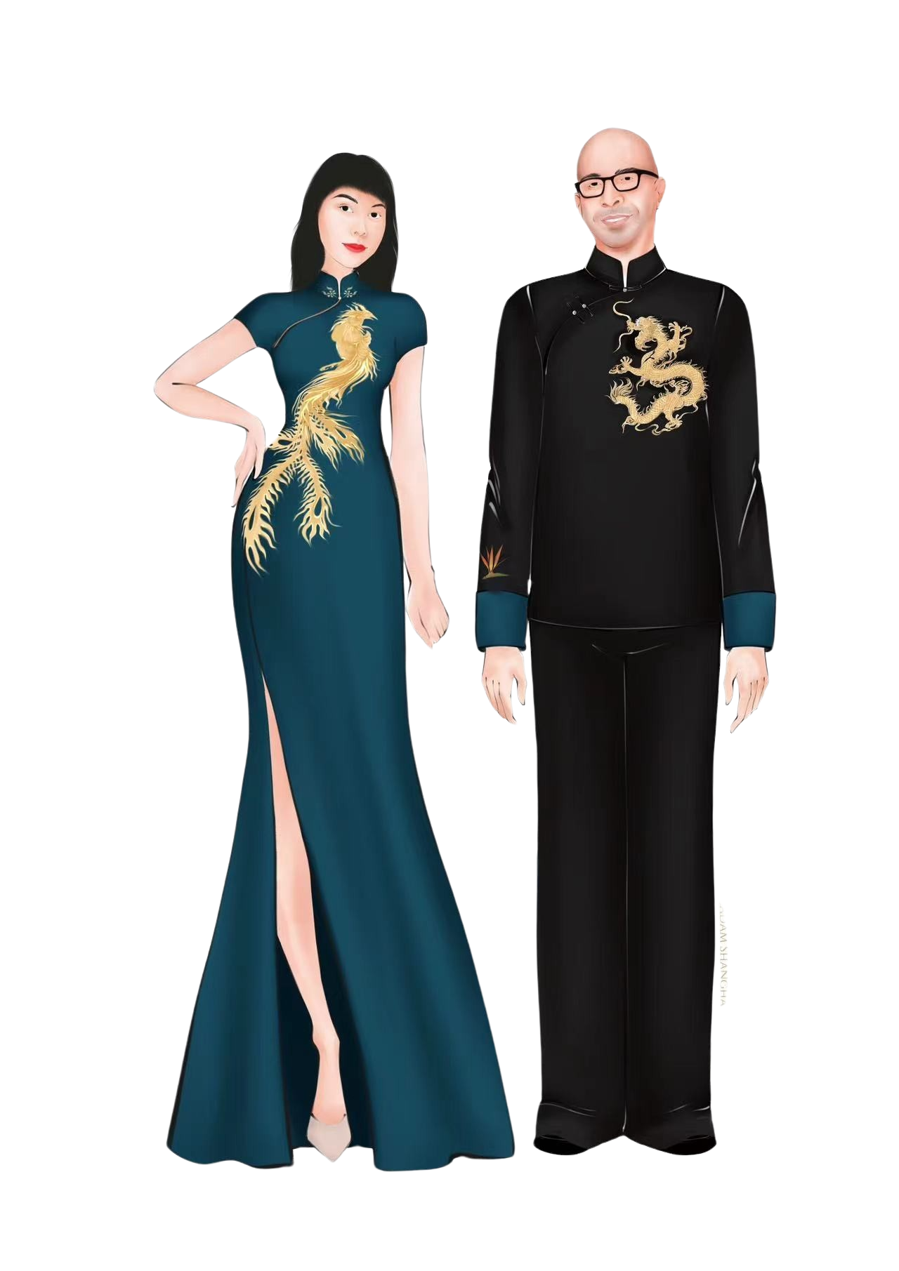 Jinza Oriental Couture Matching Outfit Matching Outfit for Bride and Groom |  Peacock Green with Black