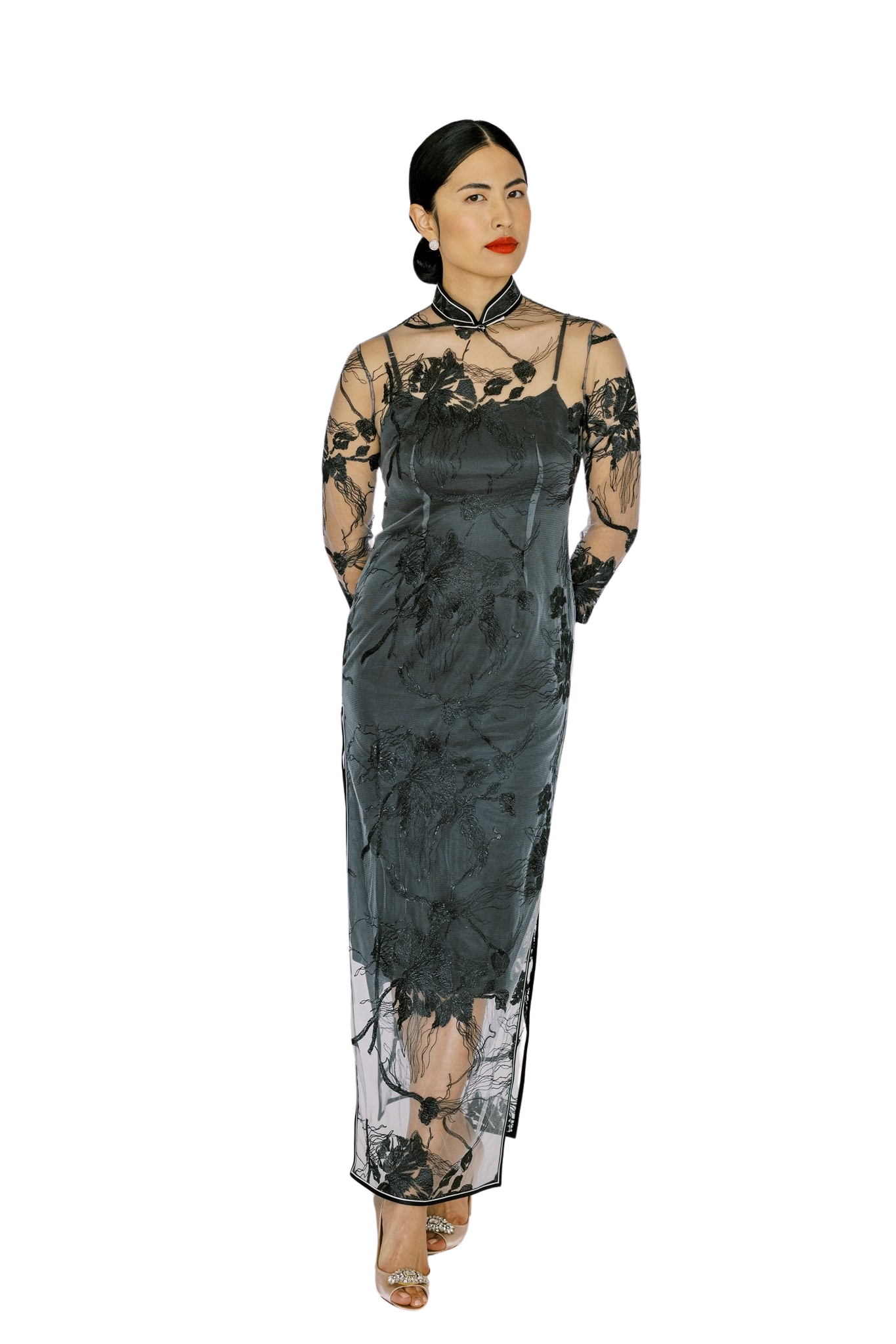 Jinza Oriental Couture Modern Cheongsam Modern Cheongsam | Black Floral Lace Qipao with Silk Slip Dress, Long Sleeves