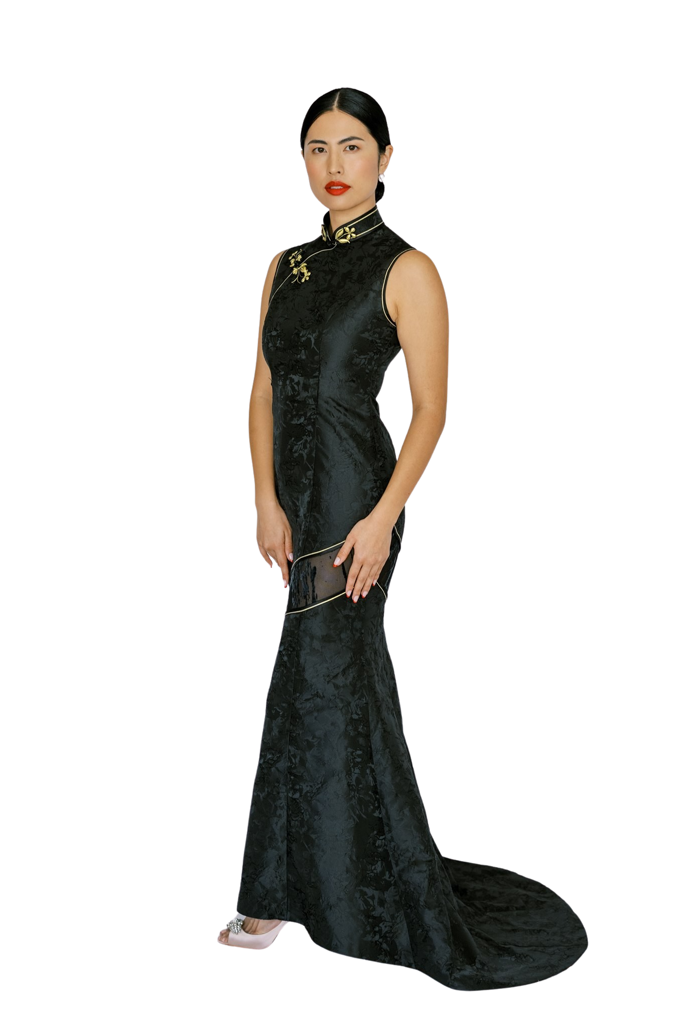 Jinza Oriental Couture Modern Cheongsam Modern Cheongsam | Black Printed Silk Qipao with Lace Cutout and Gold Floral Pankou