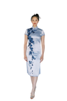 Jinza Oriental Couture Modern Cheongsam Modern Cheongsam | Frost's Descent Blue with Velvet Floral Applique Qipao Dress