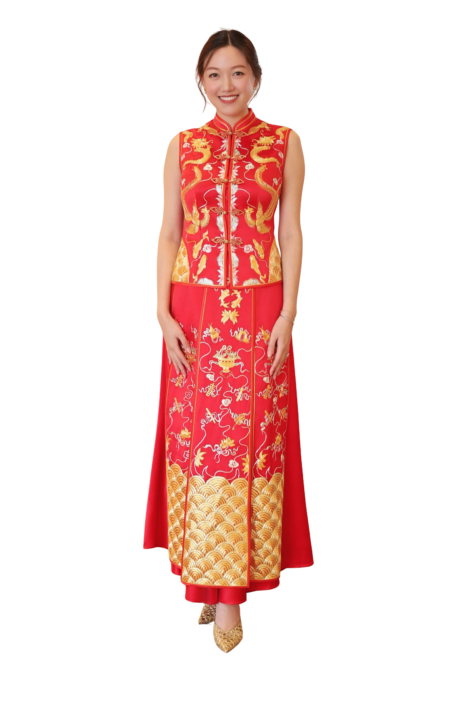 Jinza Oriental Couture Chinese Tea Ceremony Dress Modern Red Xiu He Fu with Sleeveless Fitted Top and A-Line Skirt – Hand Embroidered Dragon, Phoenix, and Auspicious Symbols