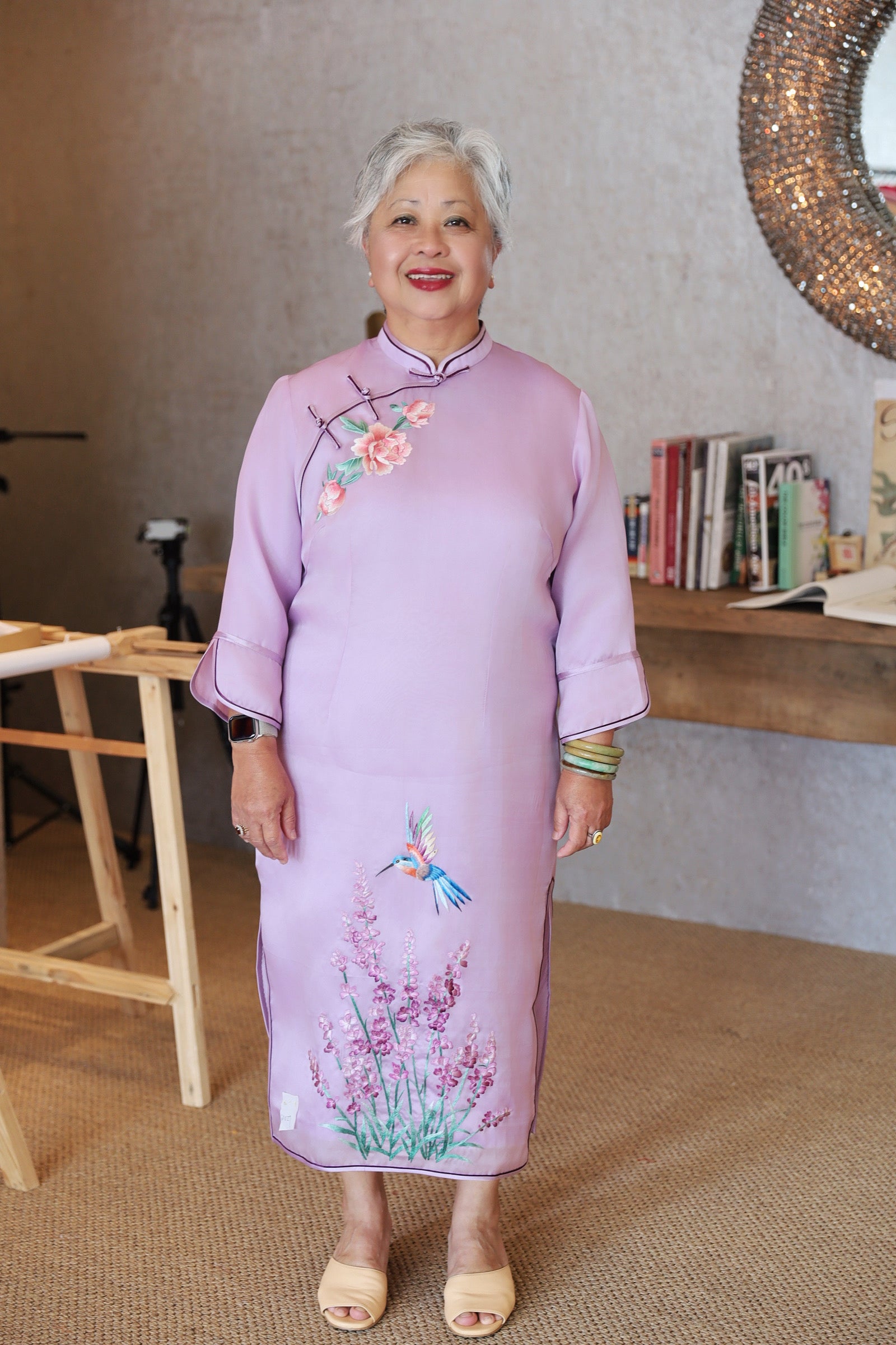 Jinza Oriental Couture Mother of Bride Qipao Mother's Qipao | Lavender Silk Organza Cheongsam with 3/4 Sleeve