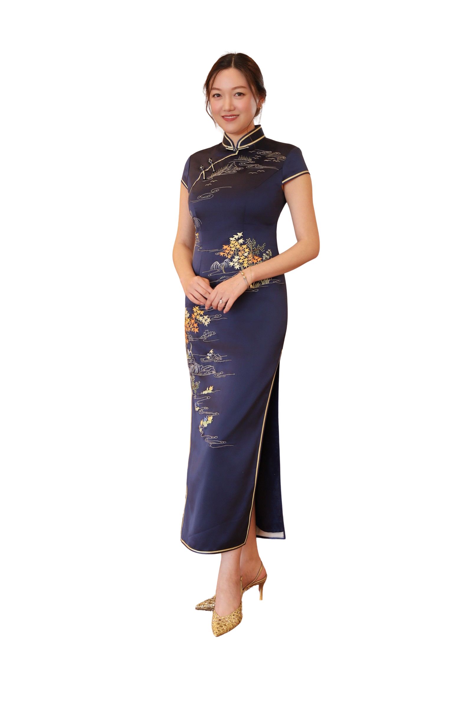 Jinza Oriental Couture Custom Qipao Navy Blue Silk Wedding Qipao with Landscaping Embroidery and Gold Piping - Traditional Mandarin Collar