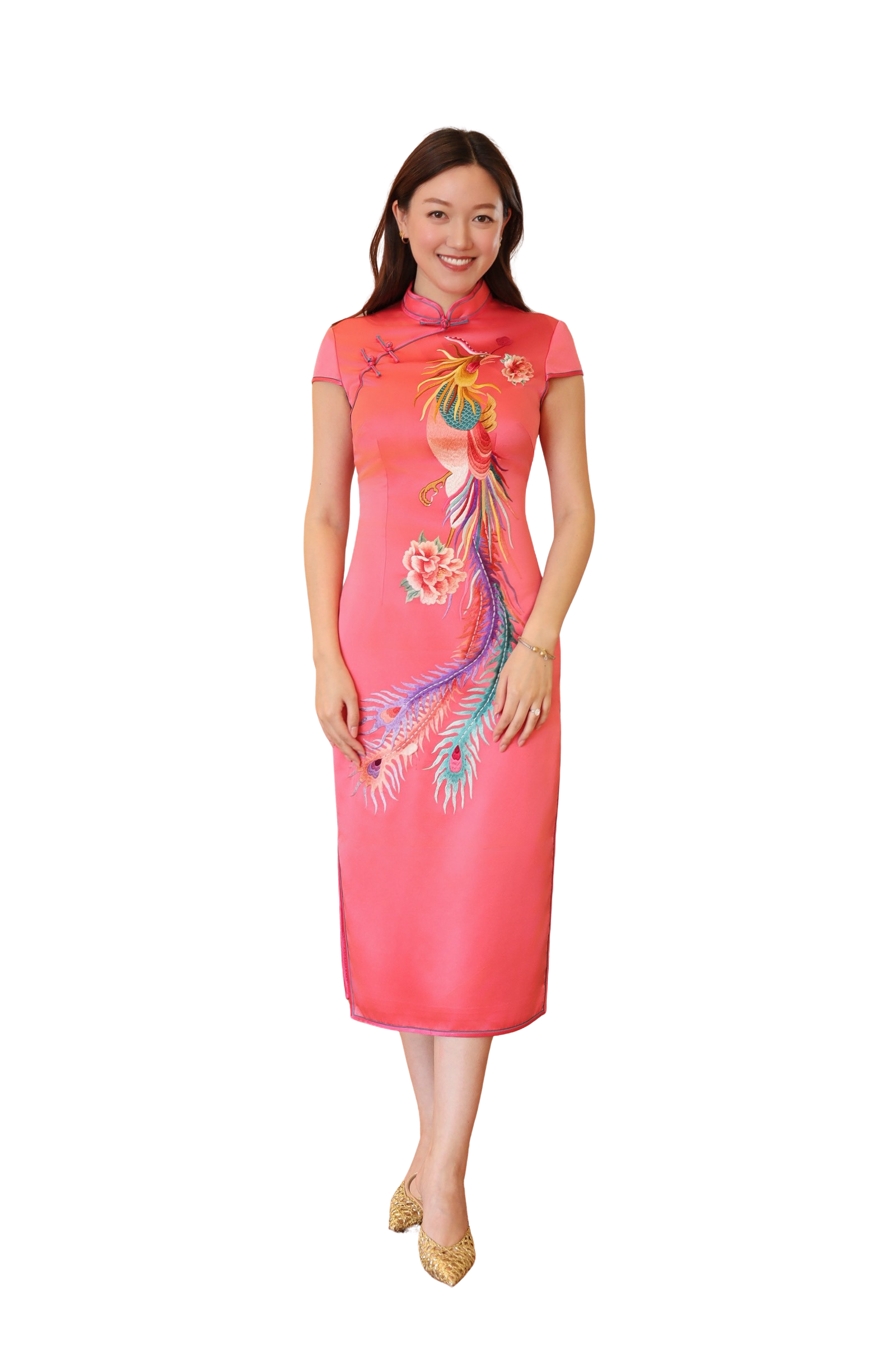 Jinza Oriental Couture Custom Qipao Pink Silk Mid-Calf Qipao with Shu Hand Embroidered Phoenix and Peonies – Traditional Auspicious Wedding Dress