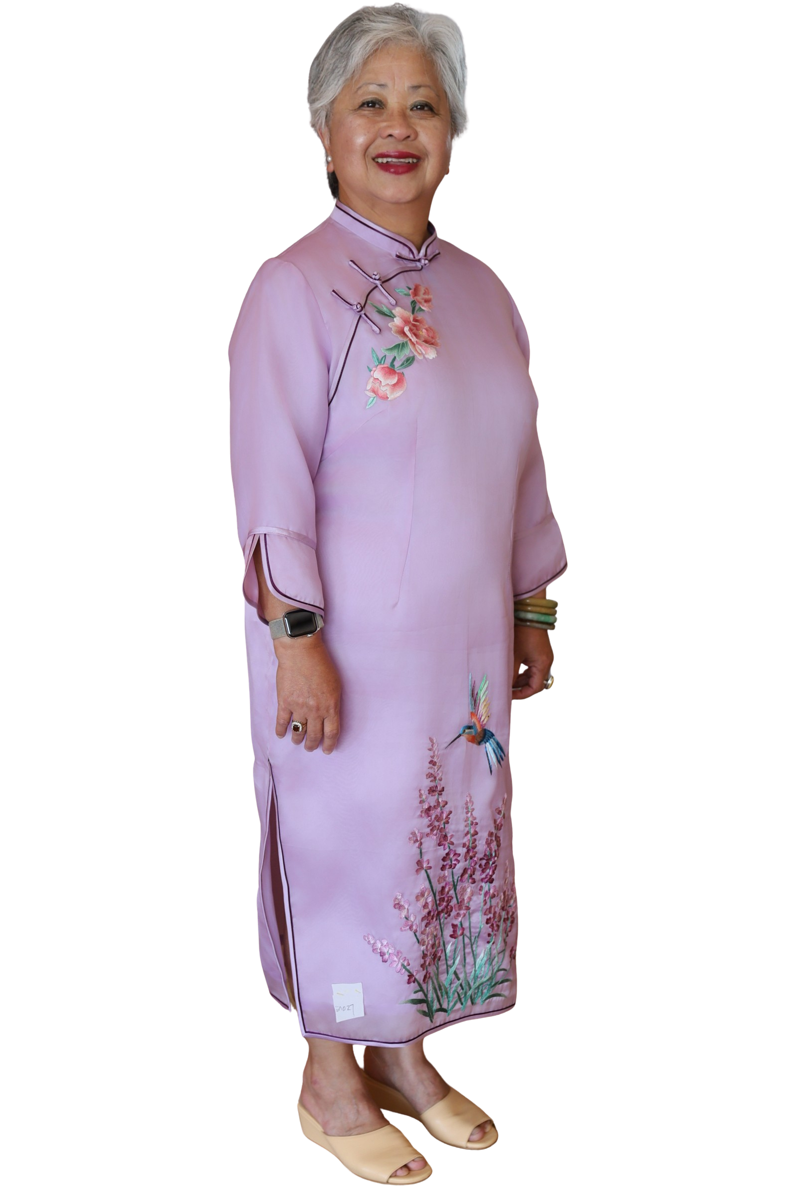 Jinza Oriental Couture Mother of Bride Qipao Purple Satin Organza Silk Qipao for Mother of the Bride – 3/4 Sleeves with Floral and Bird Embroidery