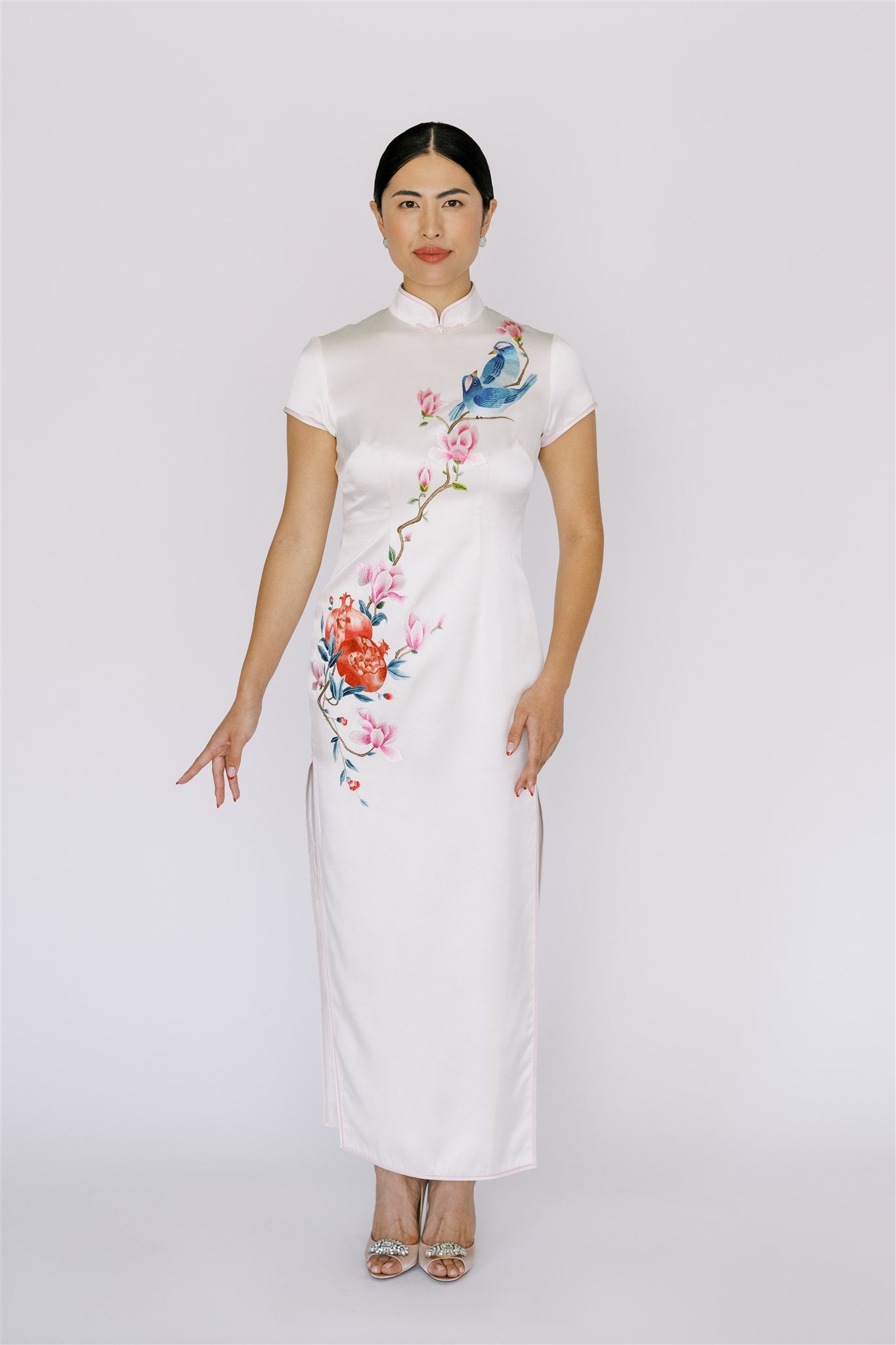 Jinza Oriental Couture Mother of Bride Qipao Qipao for Mothers | Magnolia Flowers With Birds And Lotus Qipao Dress
