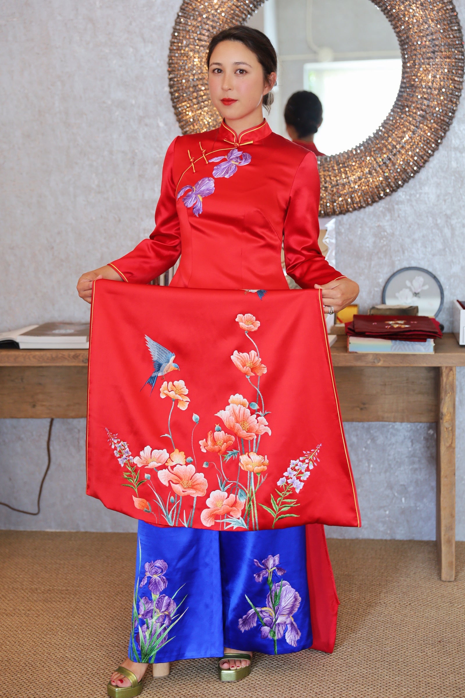 Jinza Oriental Couture Ao Dai Red Silk Qipao Ao Dai Combination Dress with Hand Embroidery – Royal Blue Silk Pants